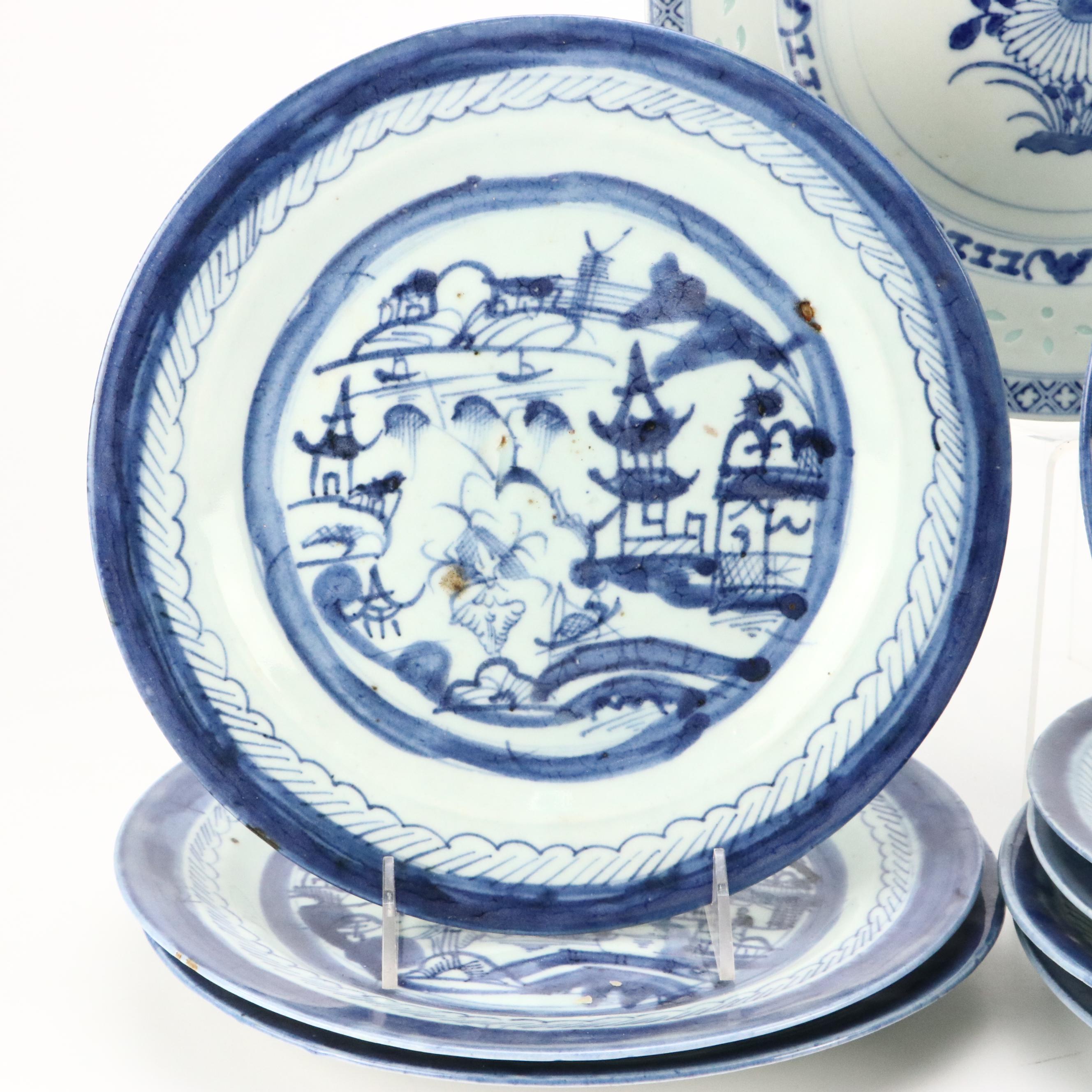 Chinese Export Cantonware Plates and Bowls with Other Rice Grain Plate, Antique