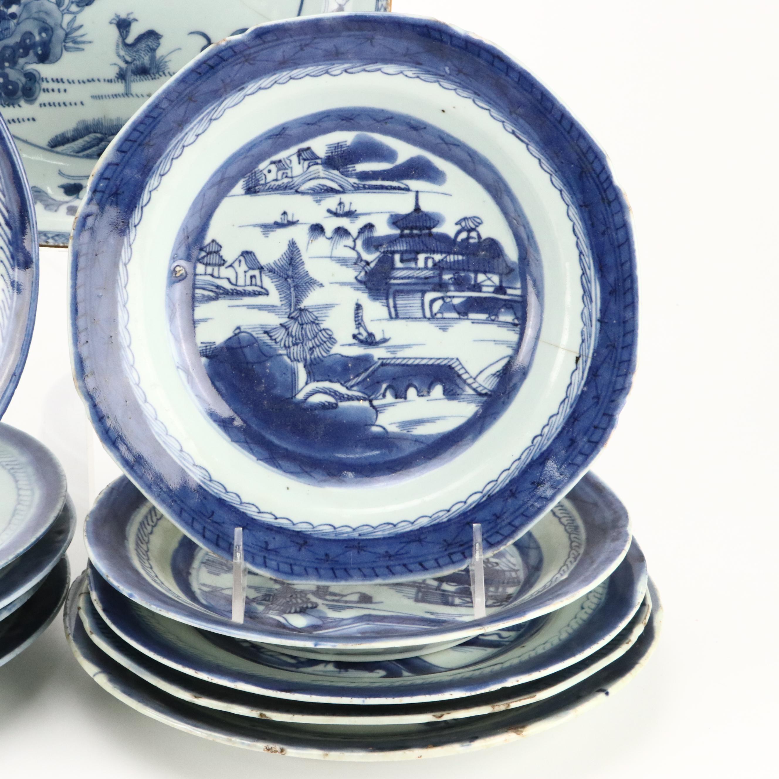 Chinese Export Cantonware Plates and Bowls with Other Rice Grain Plate, Antique