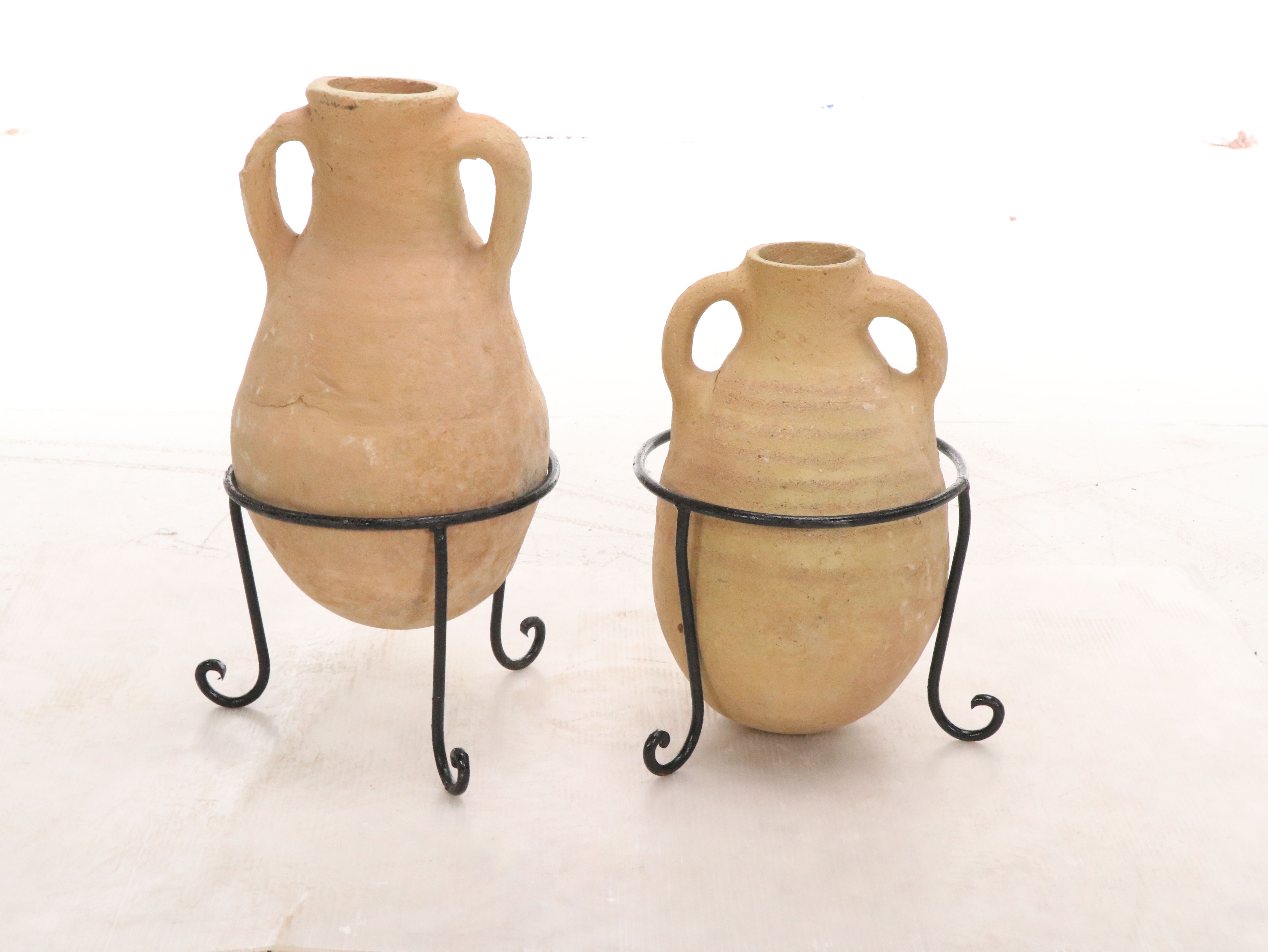 Mediterranean Style Terracotta Double-Handled Vessels in Metal Stands