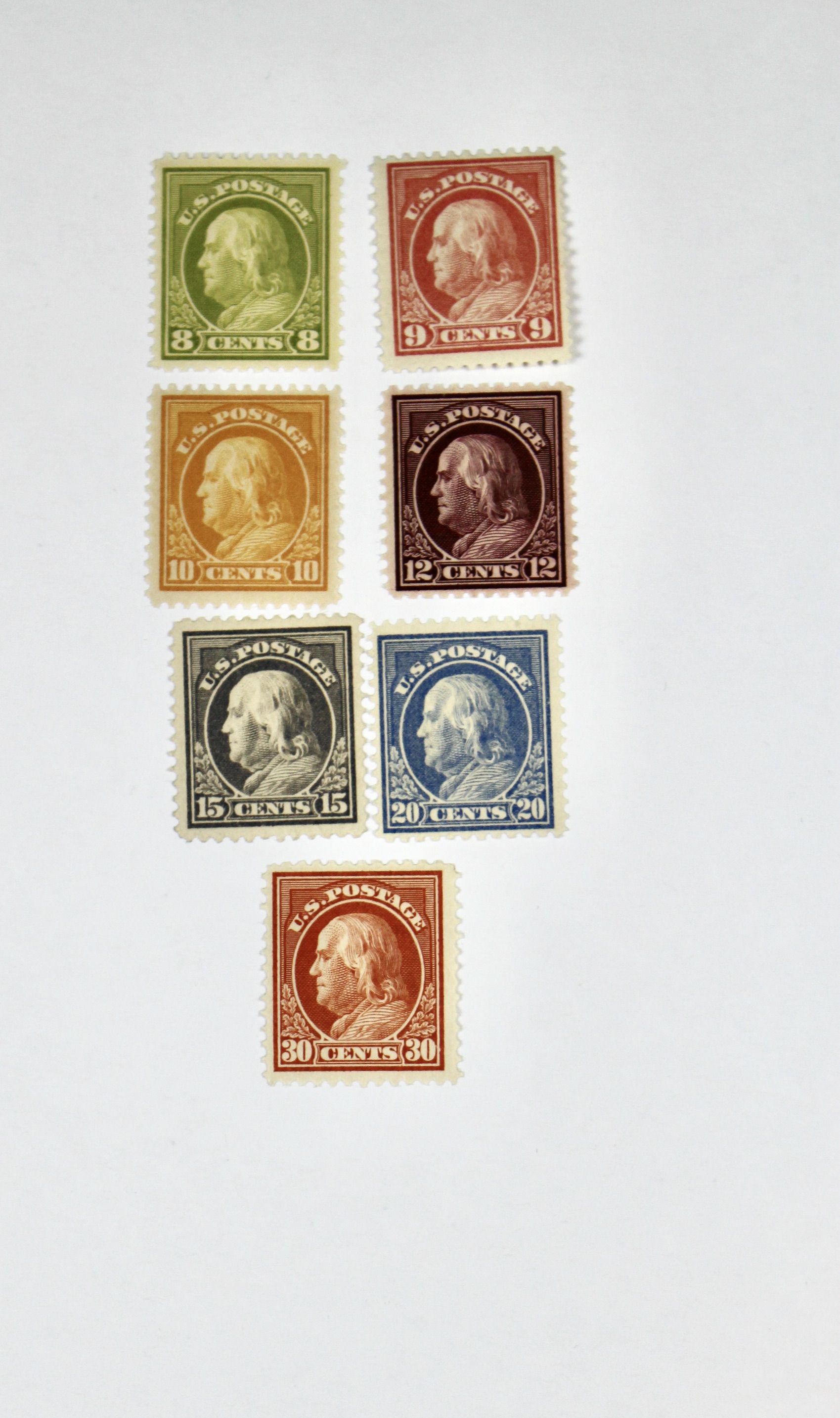 Seven Different Mint Franklin Stamps from 1912-1914