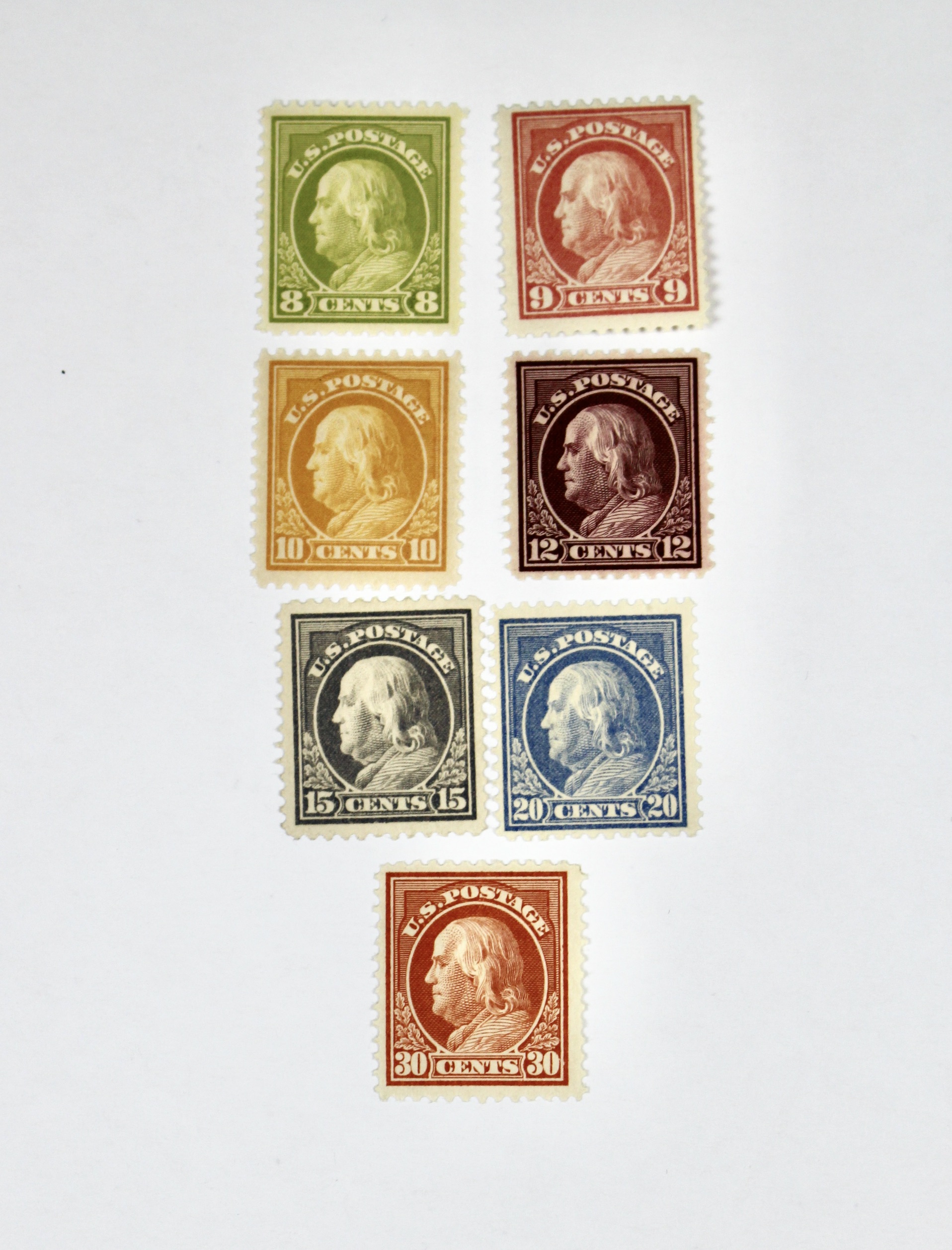 Seven Different Mint Franklin Stamps from 1912-1914