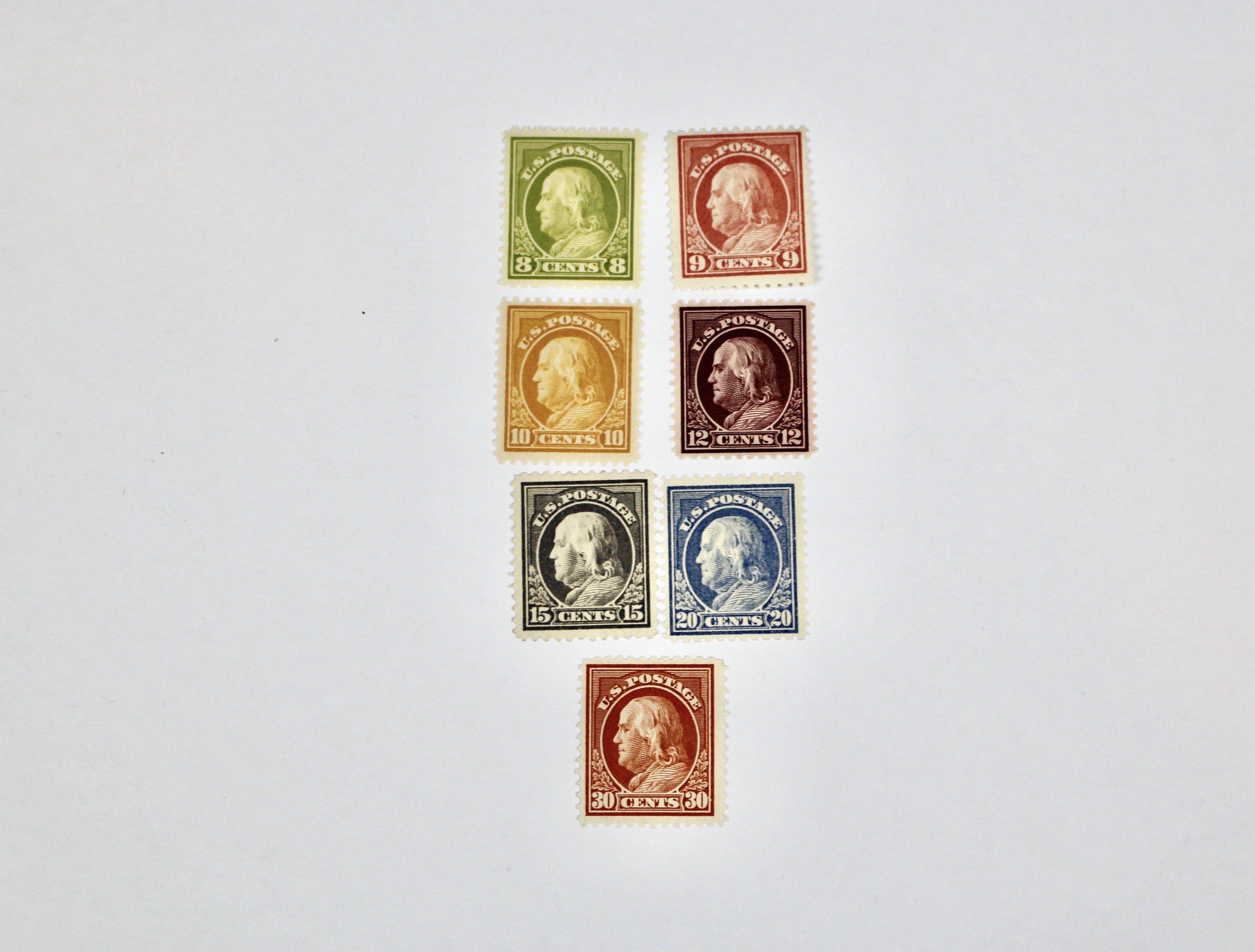 Seven Different Mint Franklin Stamps from 1912-1914
