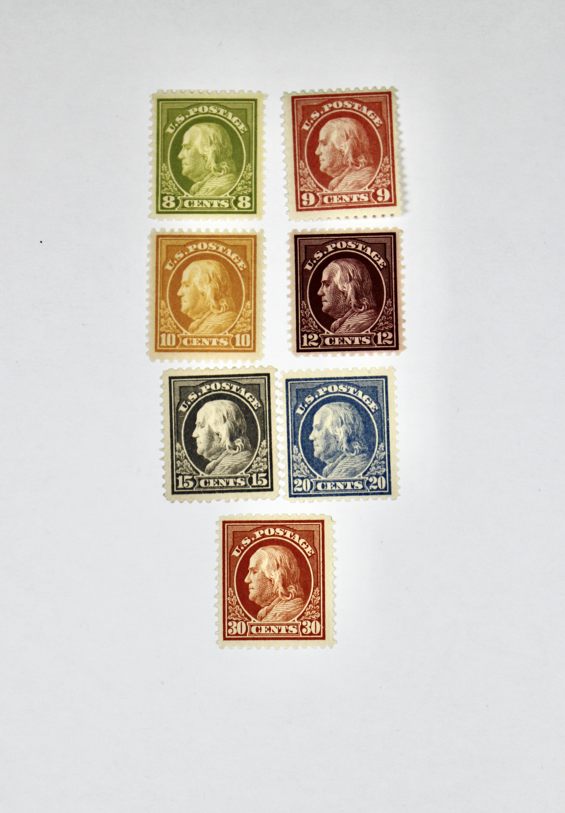 Seven Different Mint Franklin Stamps from 1912-1914