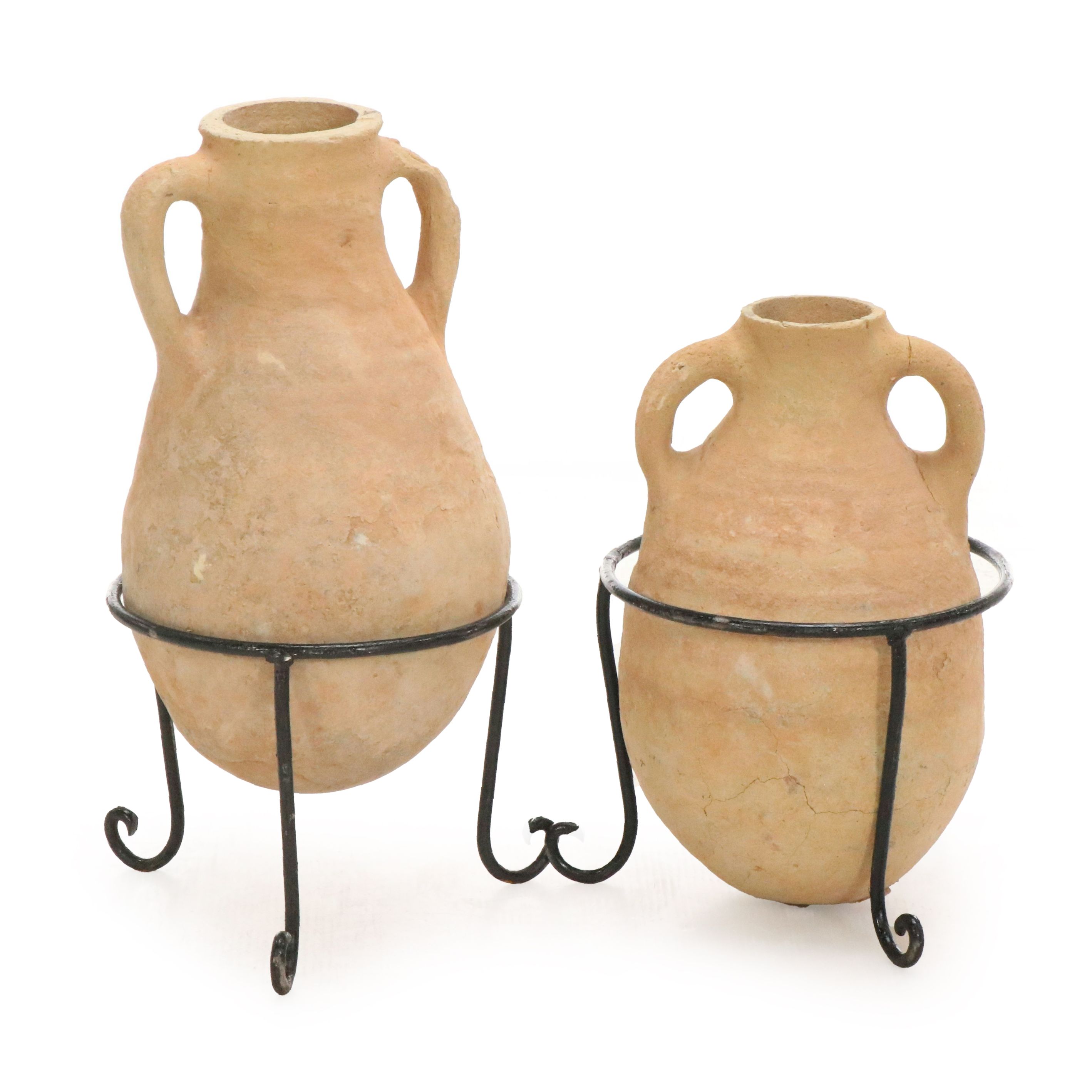 Mediterranean Style Terracotta Double-Handled Vessels in Metal Stands