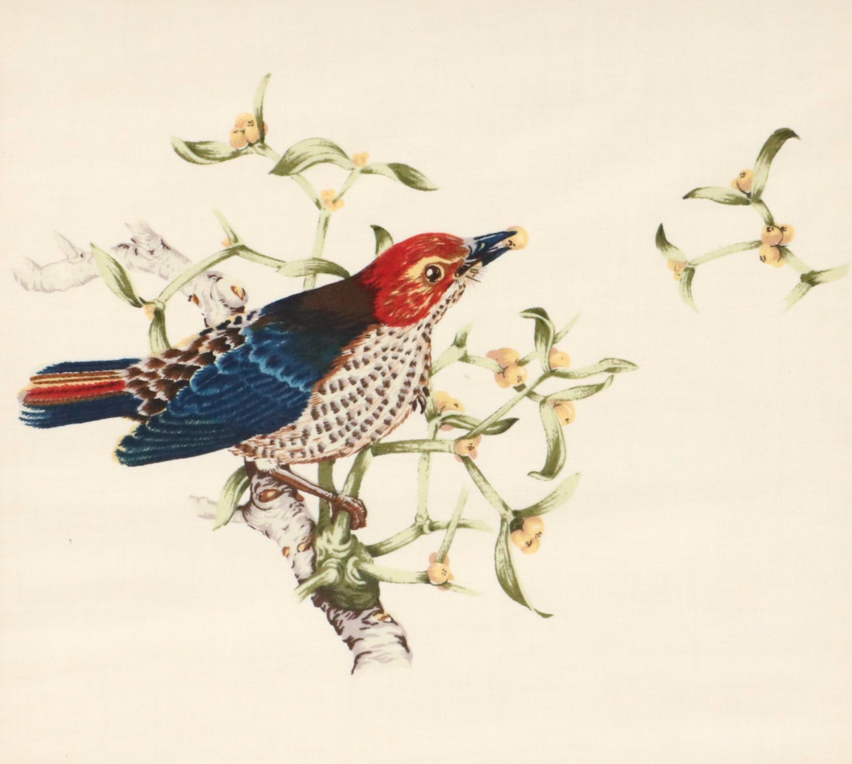 Watercolor Painting on Silk of Bird Eating Berries