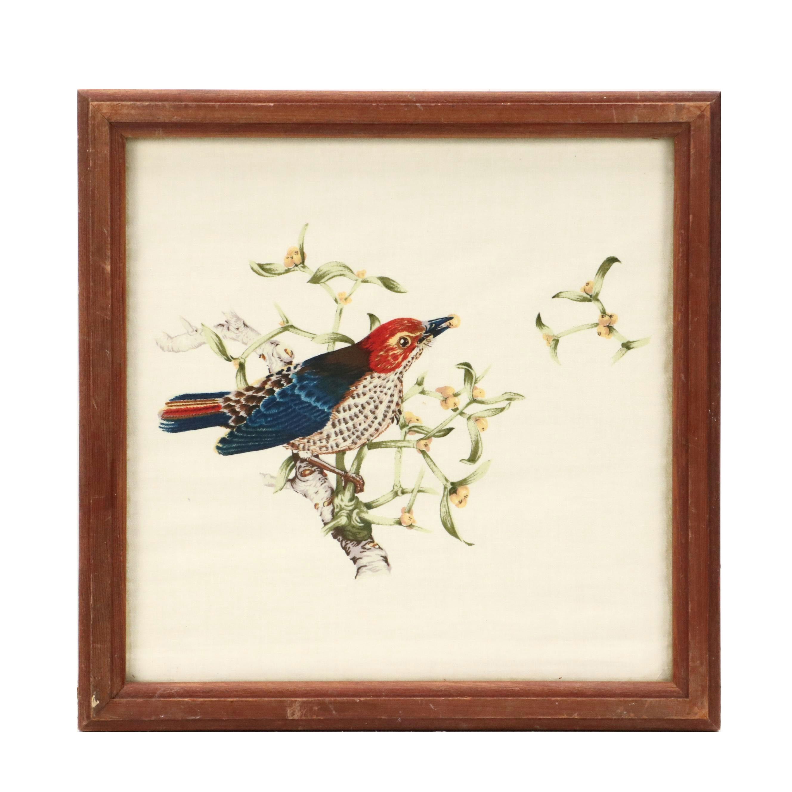 Watercolor Painting on Silk of Bird Eating Berries