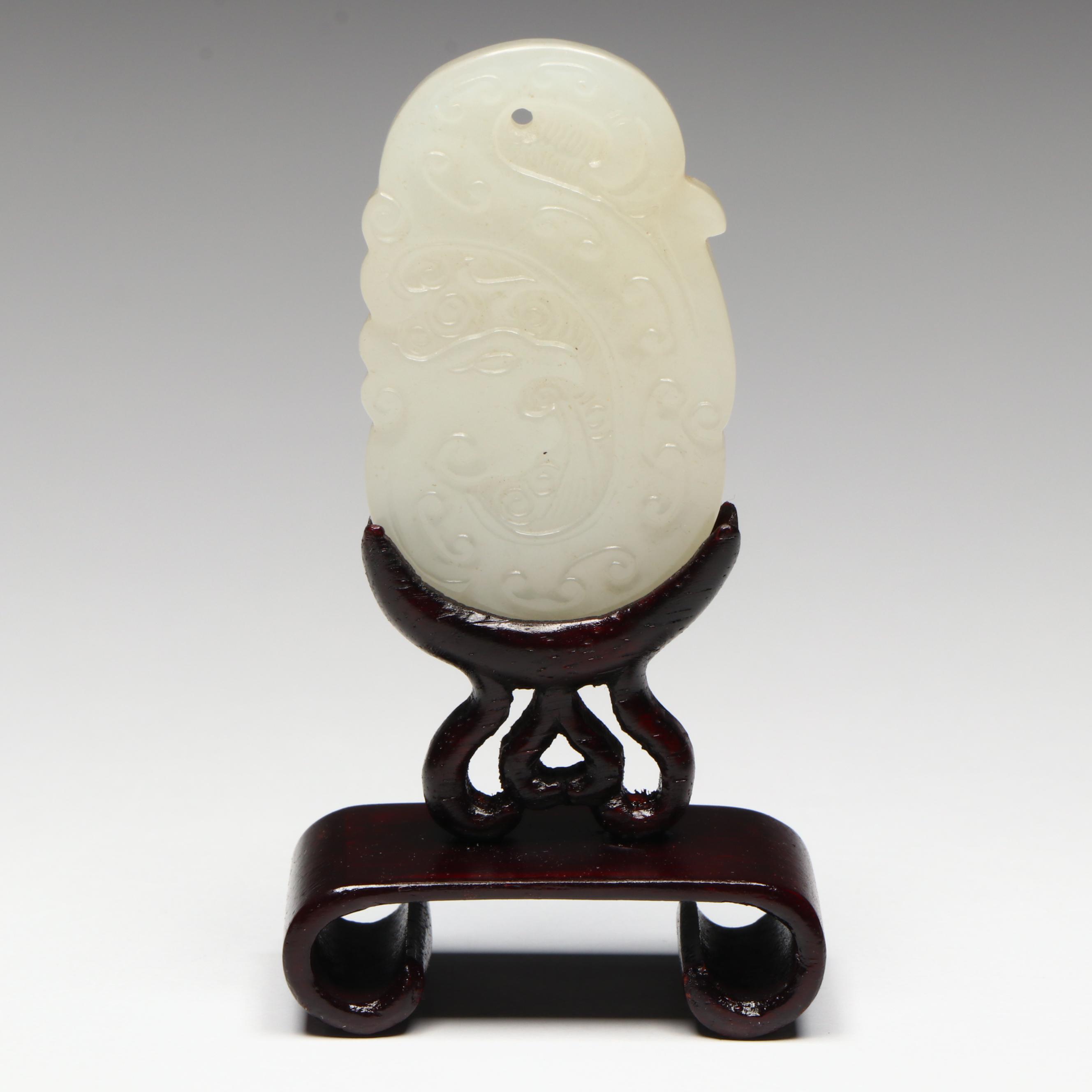 Chinese Carved Serpentine Pendant with Display Stand