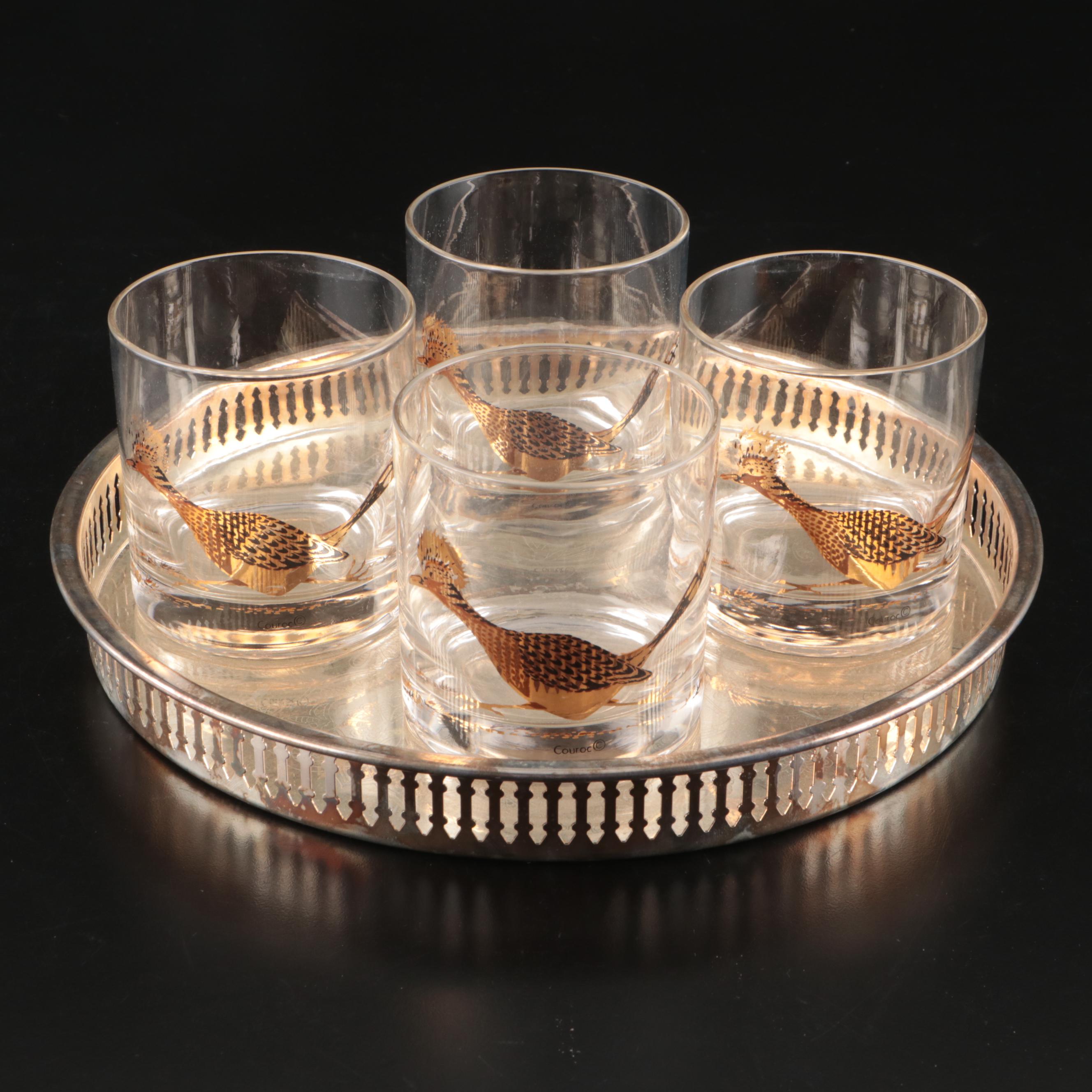 Leonard Silver Plate Tray with Couroc "Roadrunner" Old Fashioned Glasses