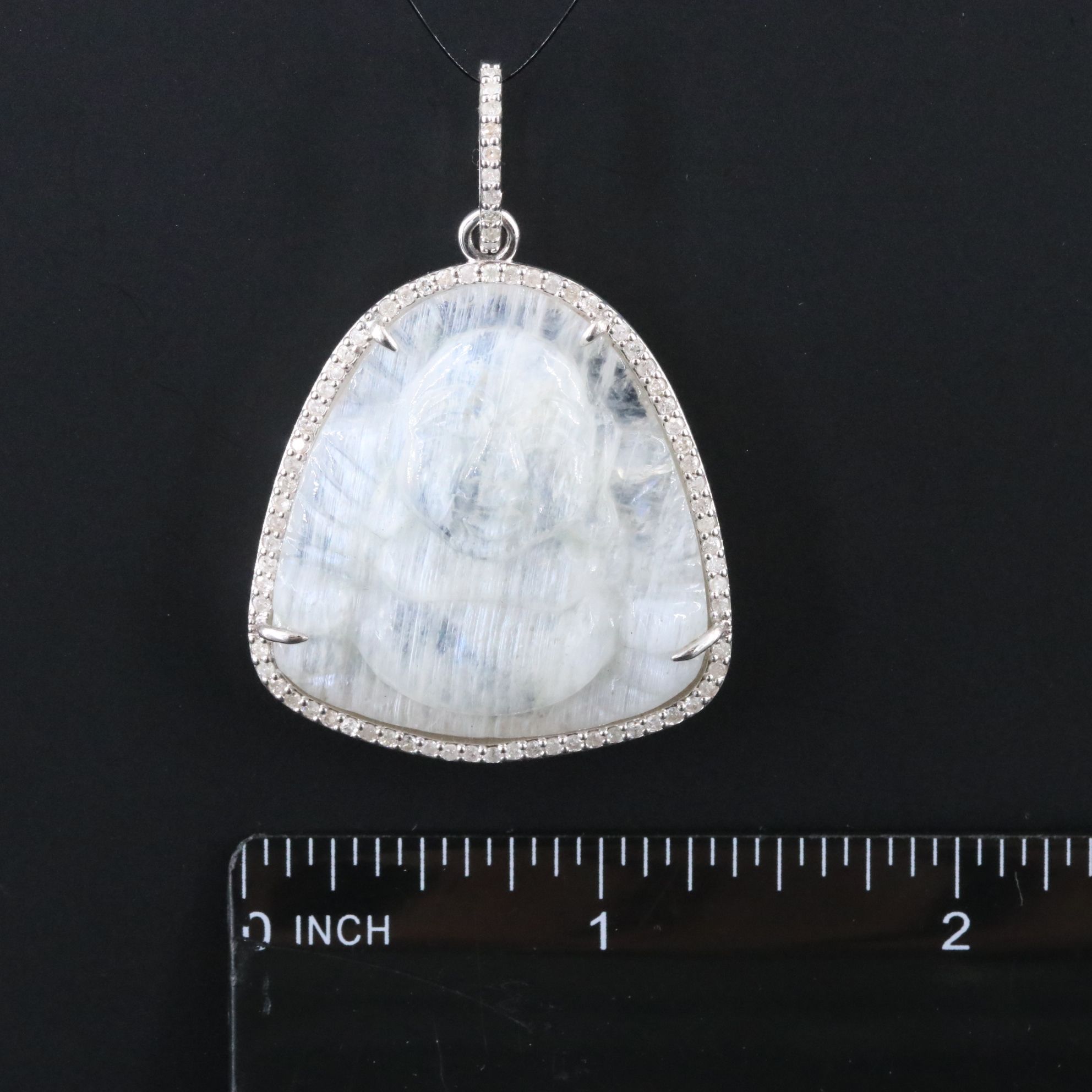 Sheryl Lowe Sterling Carved Rainbow Moonstone Budai and Diamond Pendant
