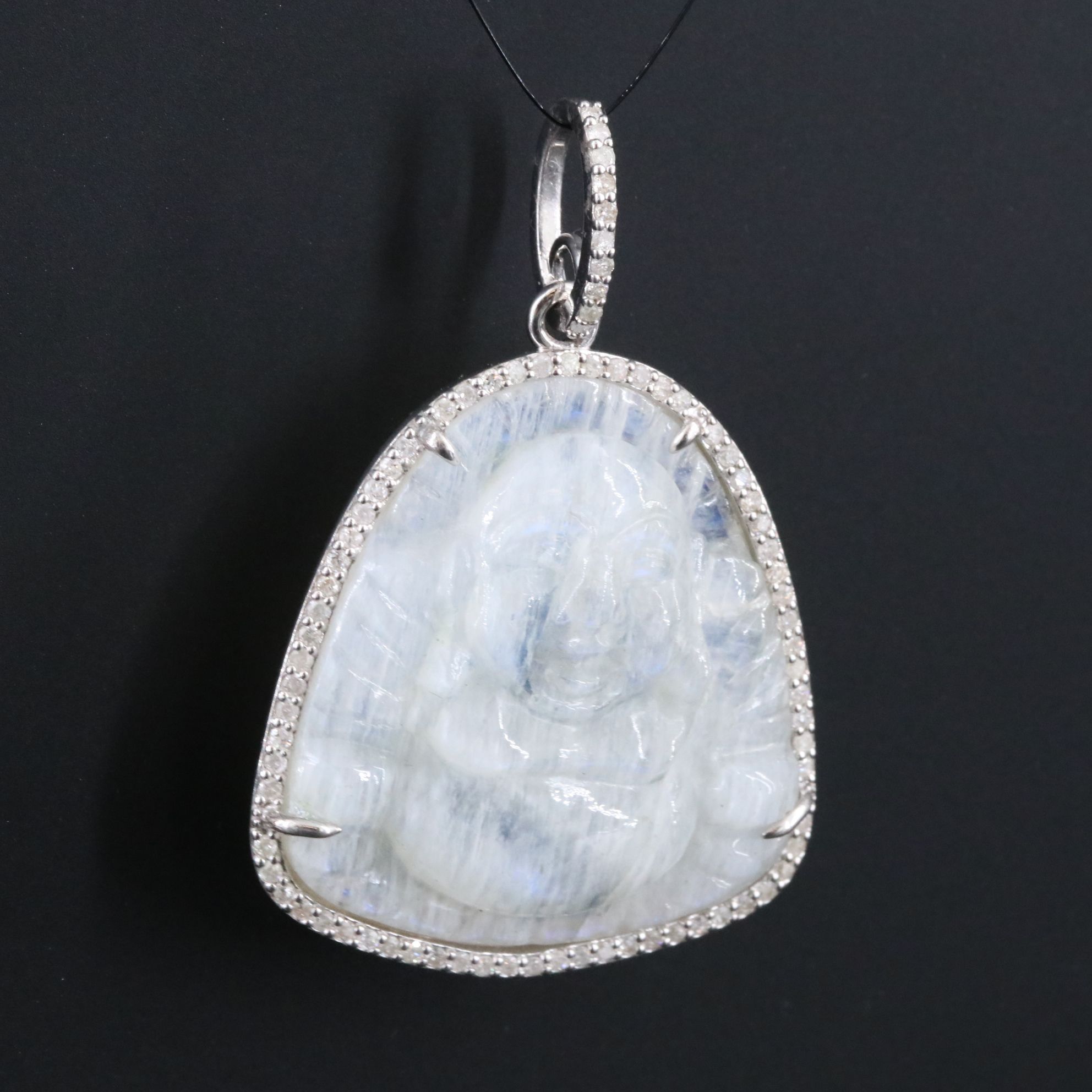 Sheryl Lowe Sterling Carved Rainbow Moonstone Budai and Diamond Pendant
