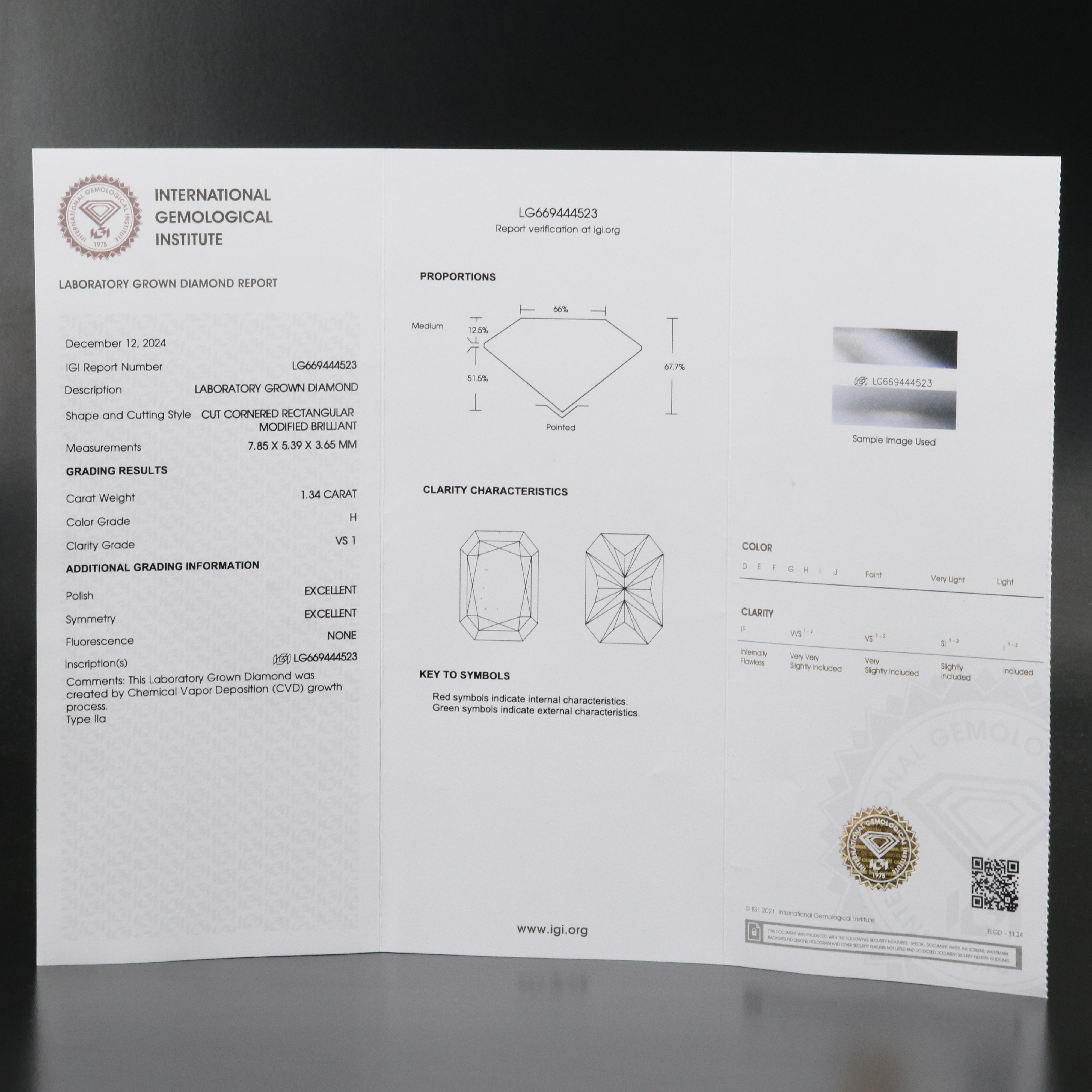 Loose 1.34 CT Lab Grown Diamond with IGI Report
