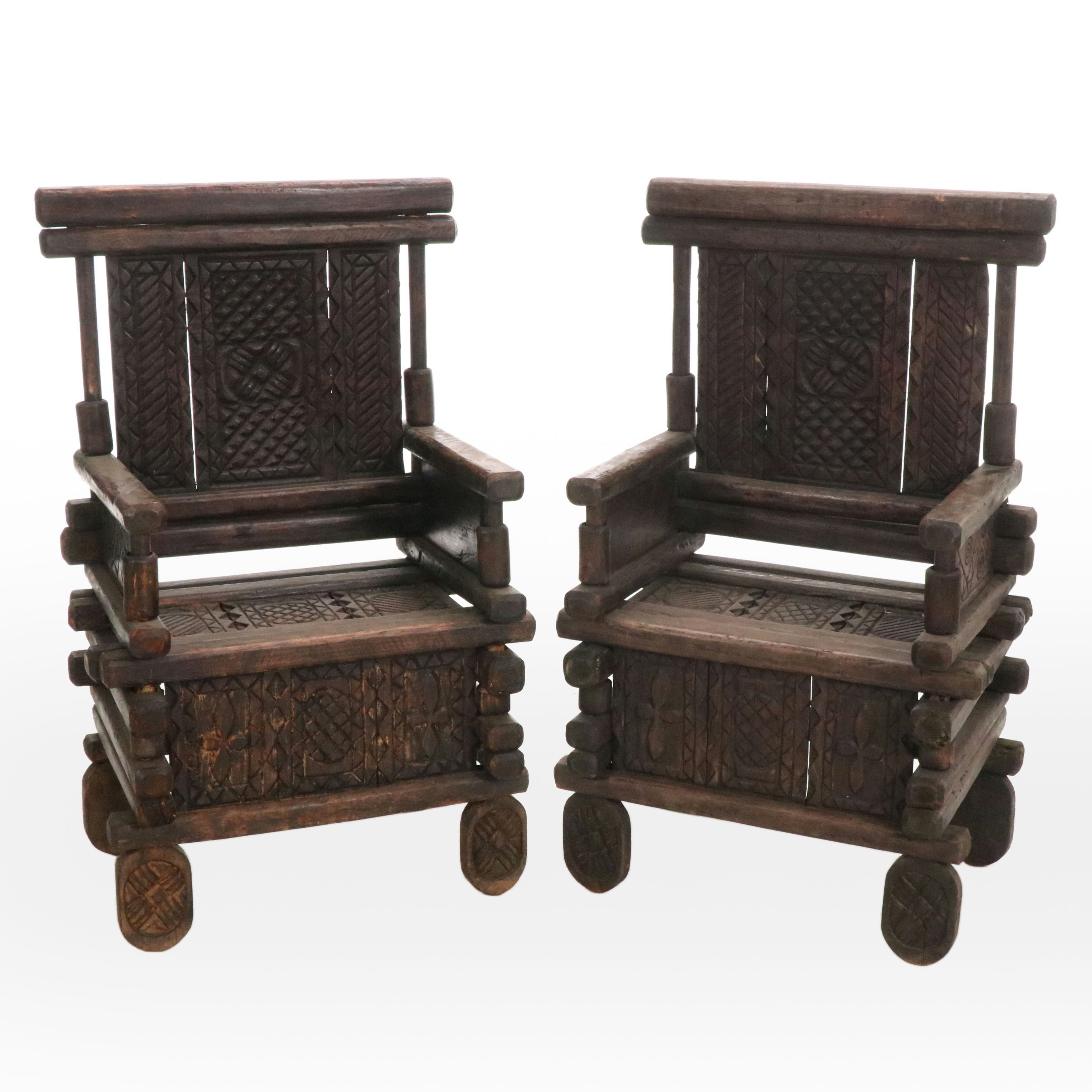 Pair of Indian Carved Wood Armchairs