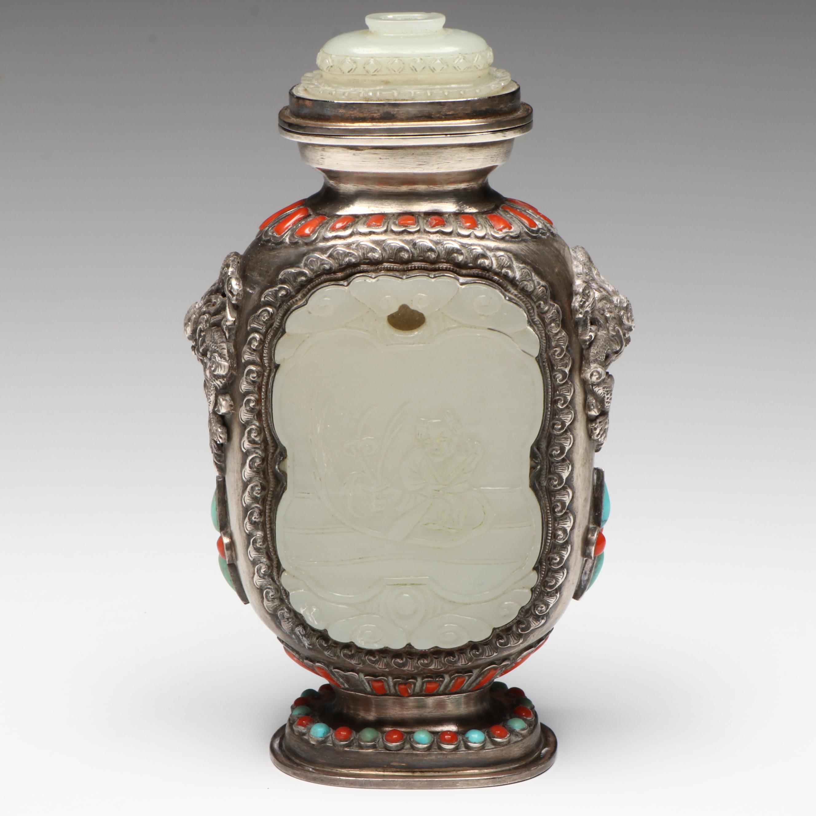 Chinese Sterling Silver Snuff Bottle with Serpentine, Coral and Turquoise