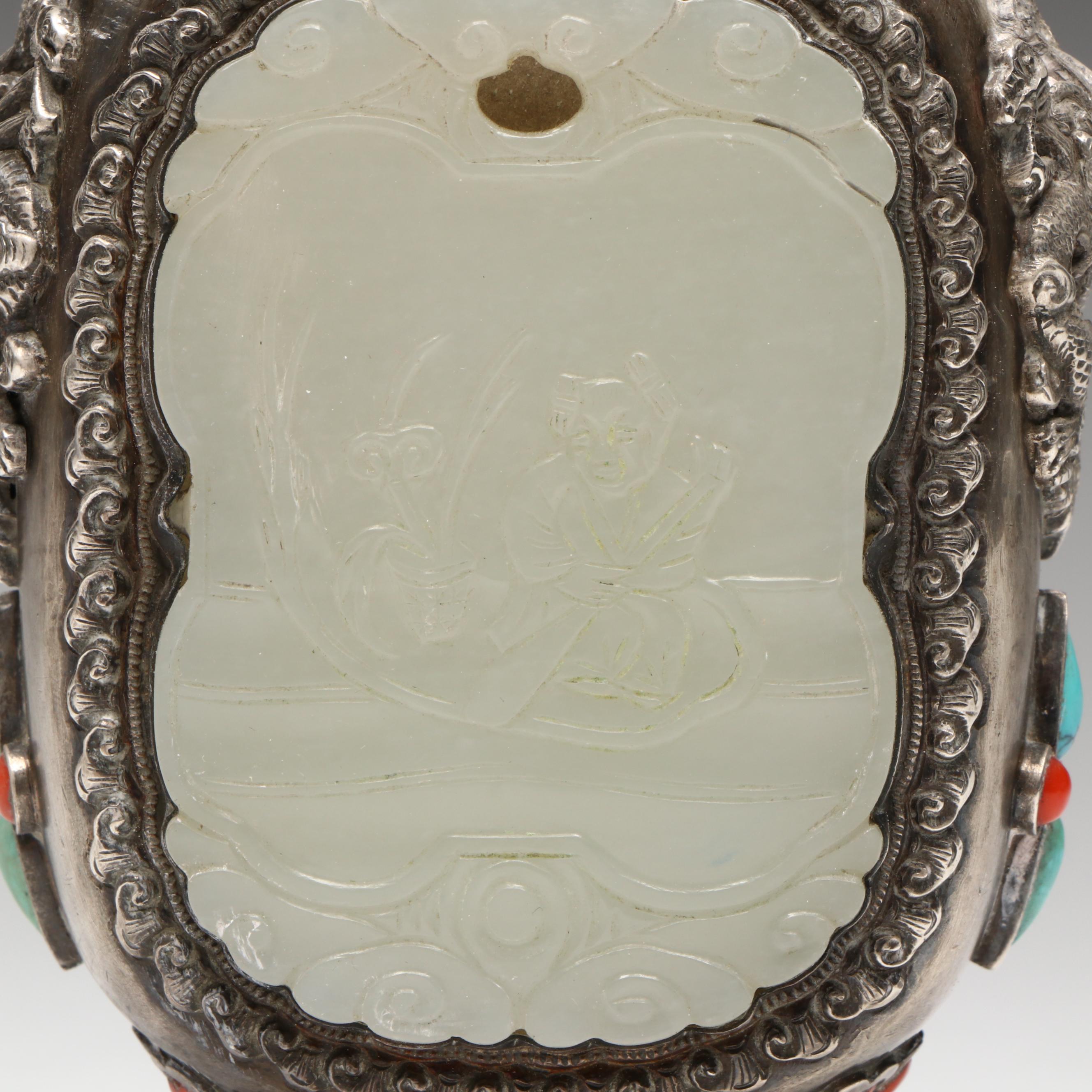 Chinese Sterling Silver Snuff Bottle with Serpentine, Coral and Turquoise