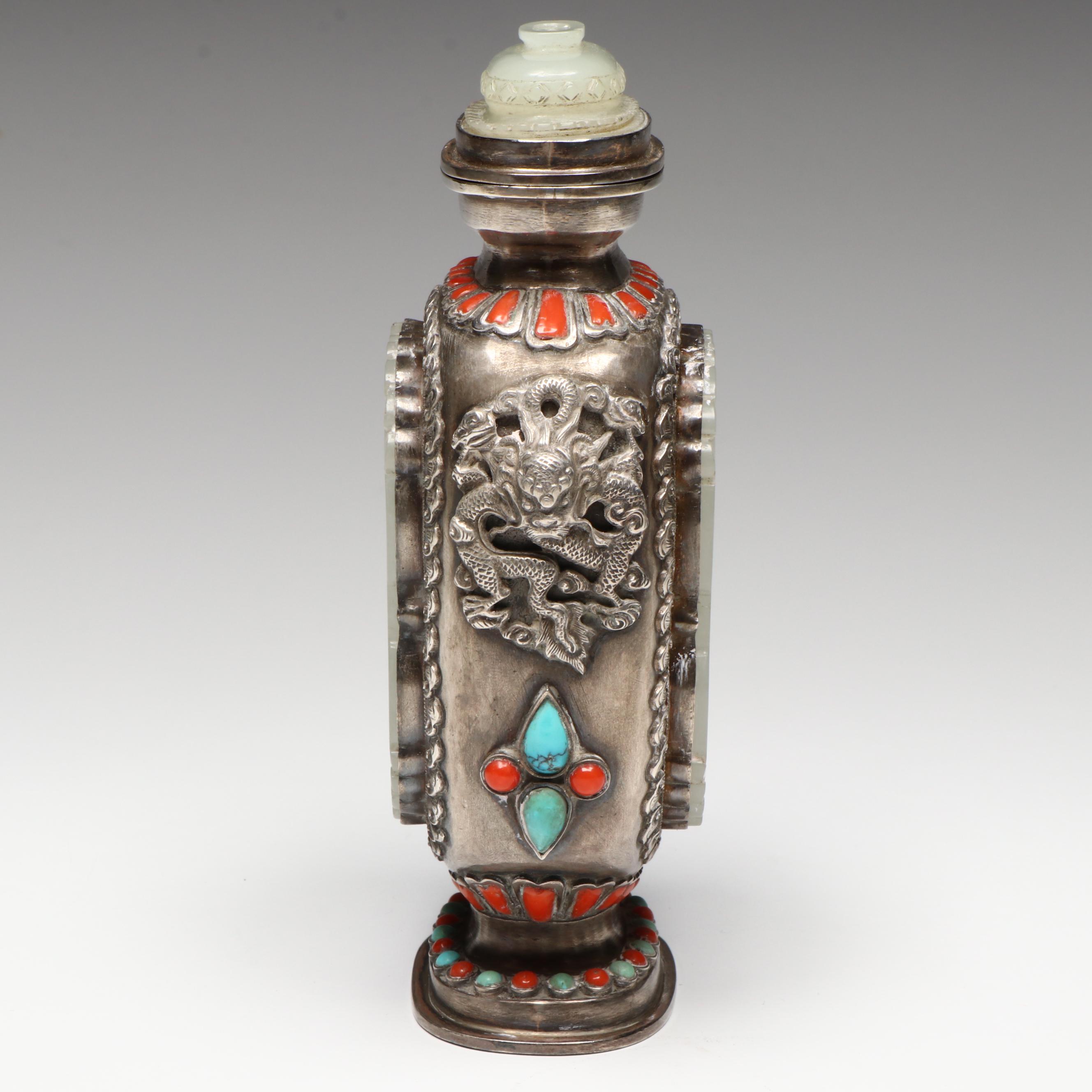 Chinese Sterling Silver Snuff Bottle with Serpentine, Coral and Turquoise