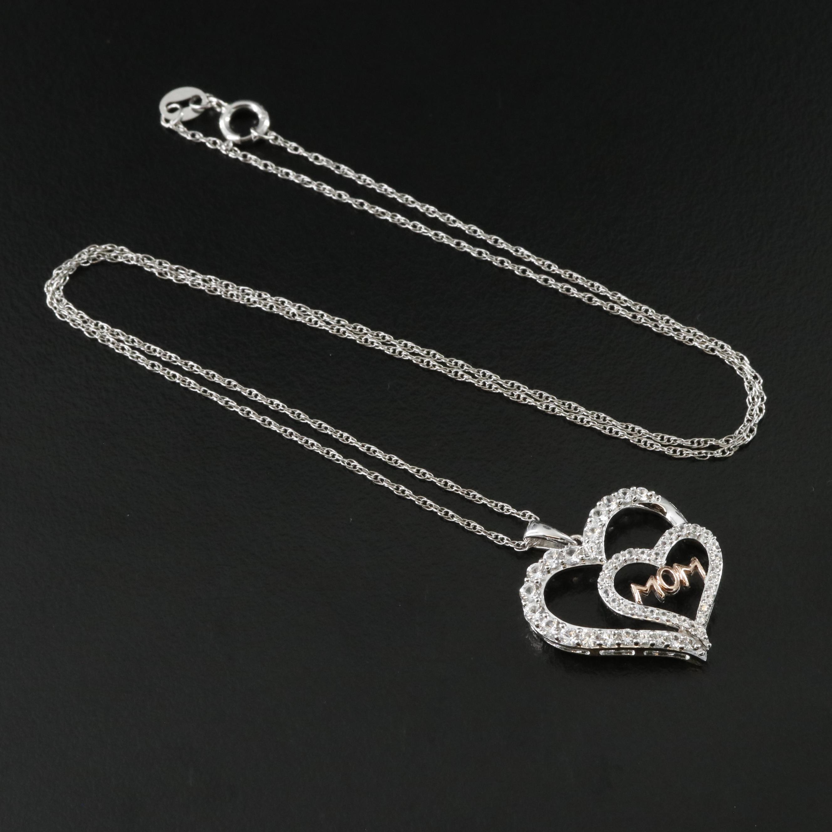 Sterling White Sapphire Heart Pendant Necklace with 10K Rose Gold Accent
