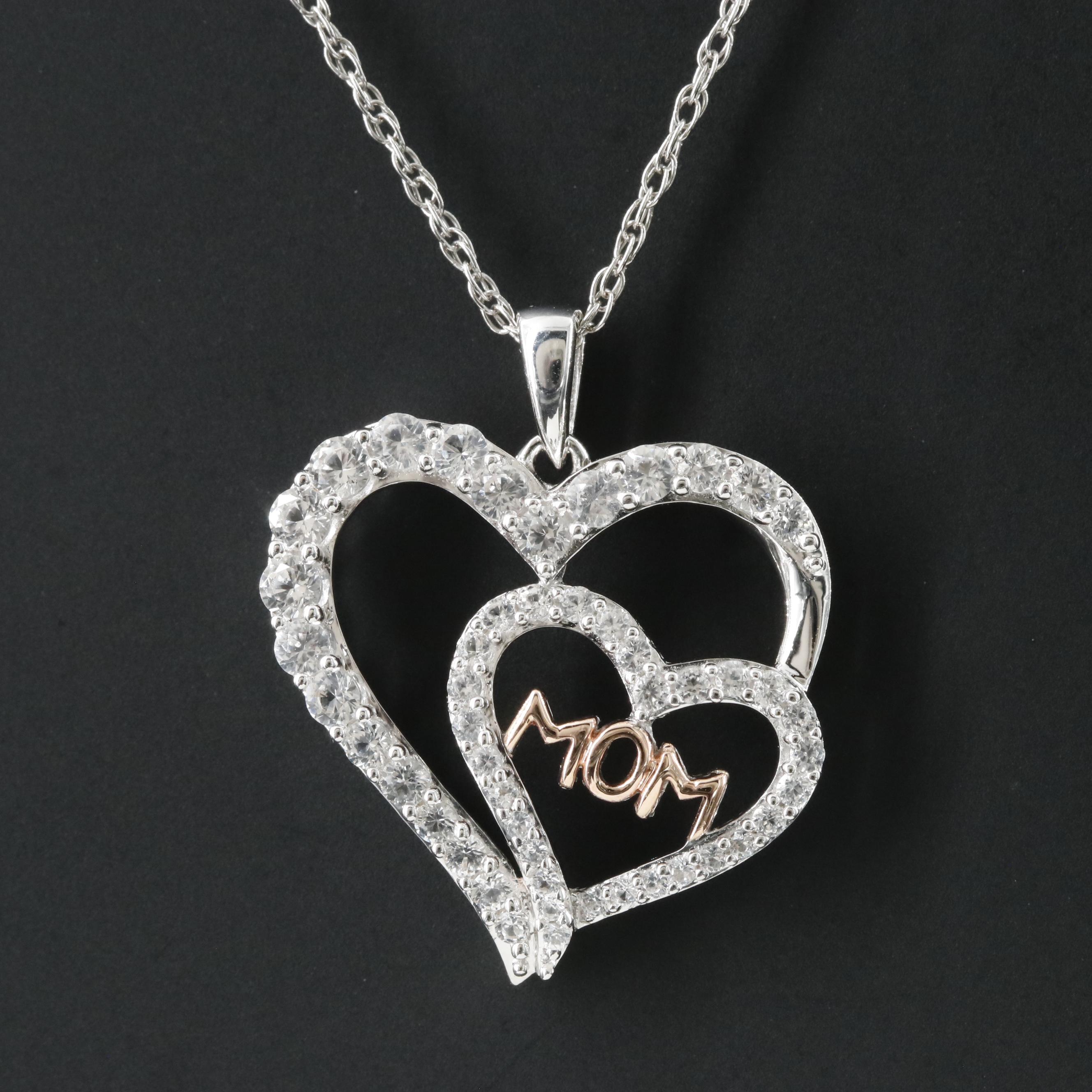 Sterling White Sapphire Heart Pendant Necklace with 10K Rose Gold Accent