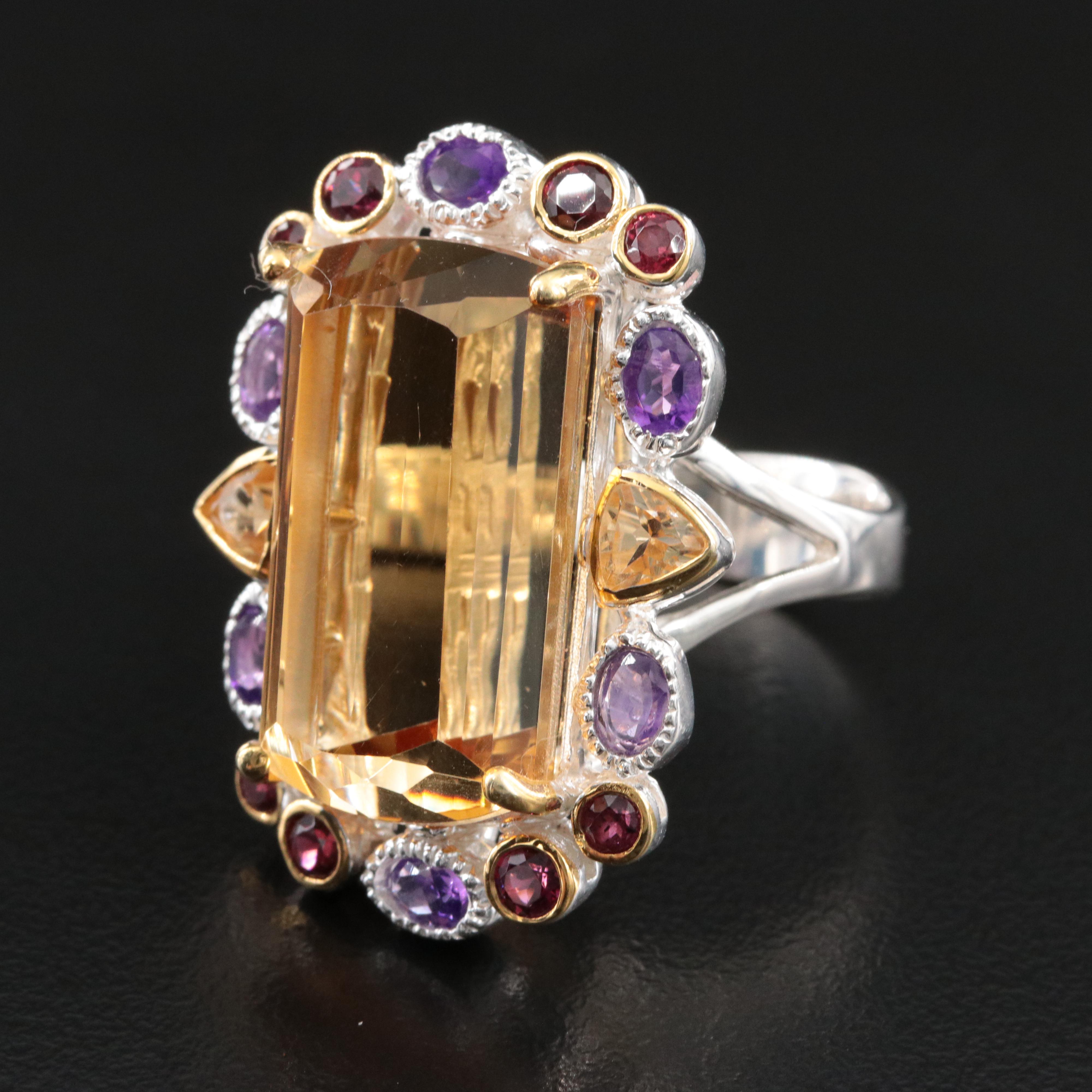 Sterling Citrine, Amethyst and Garnet Ring