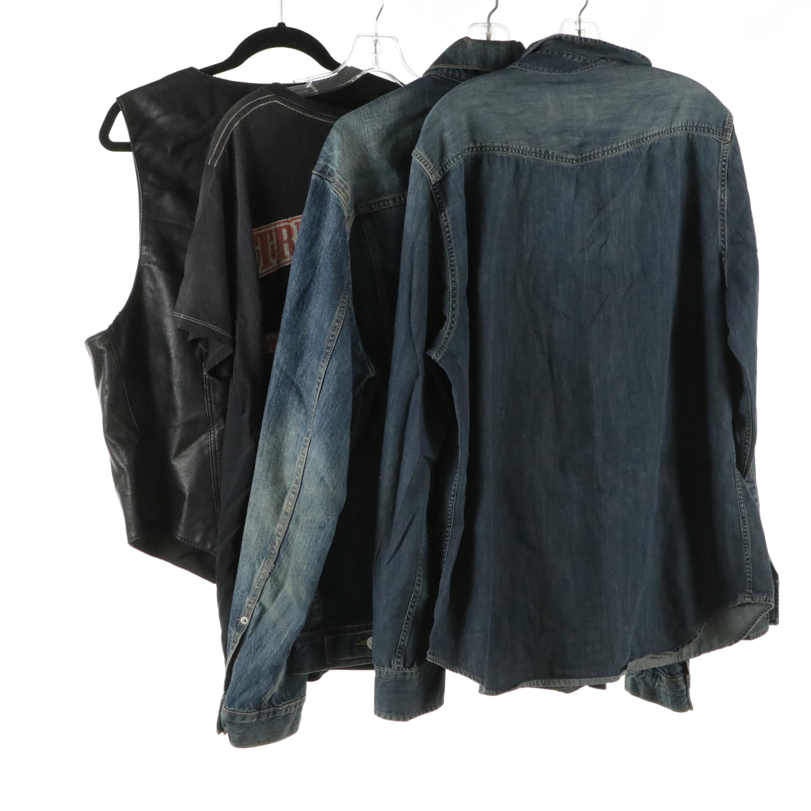 Levi's Denim Jacket, American Eagle Shirt, Leather Vest, and True Religion Tee