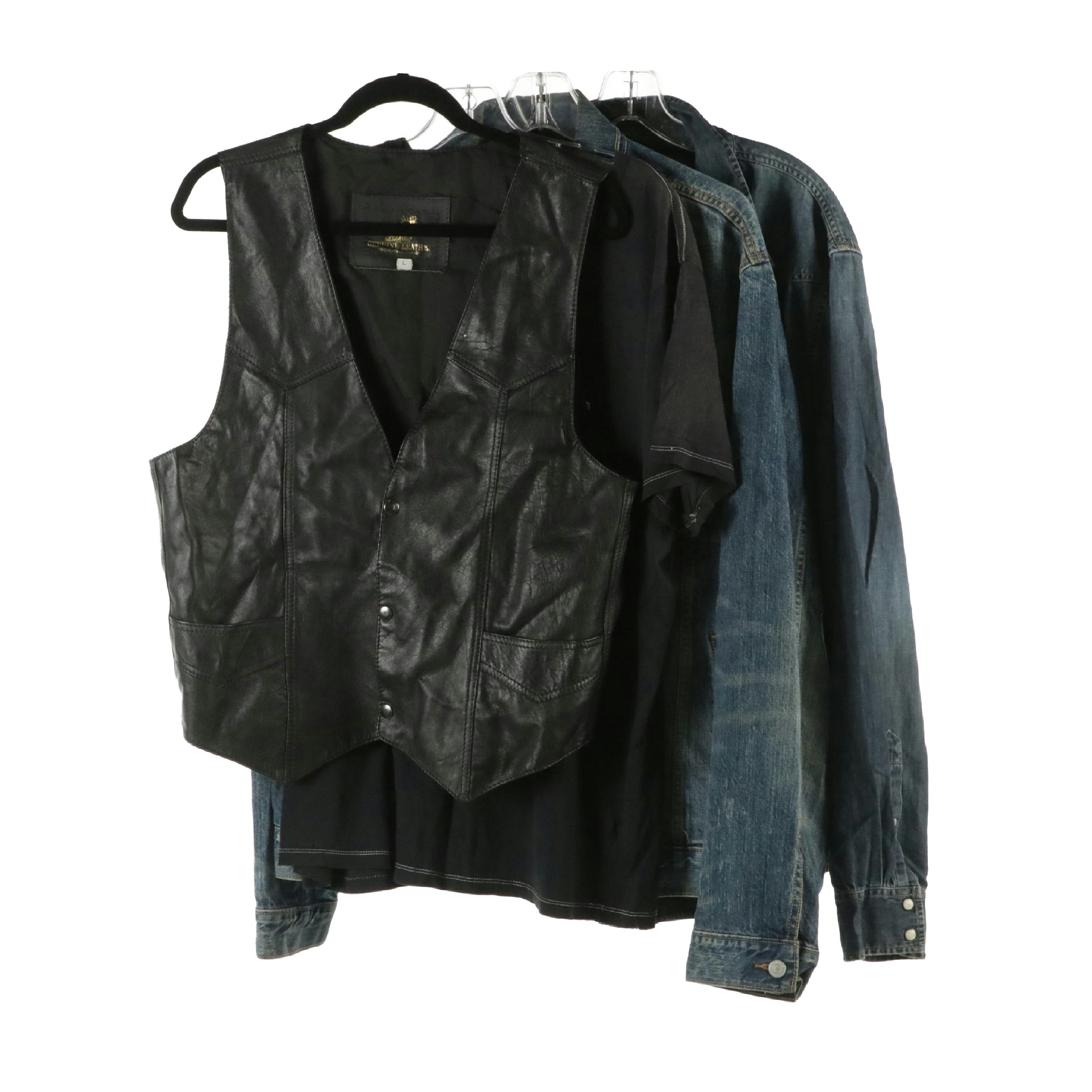 Levi's Denim Jacket, American Eagle Shirt, Leather Vest, and True Religion Tee