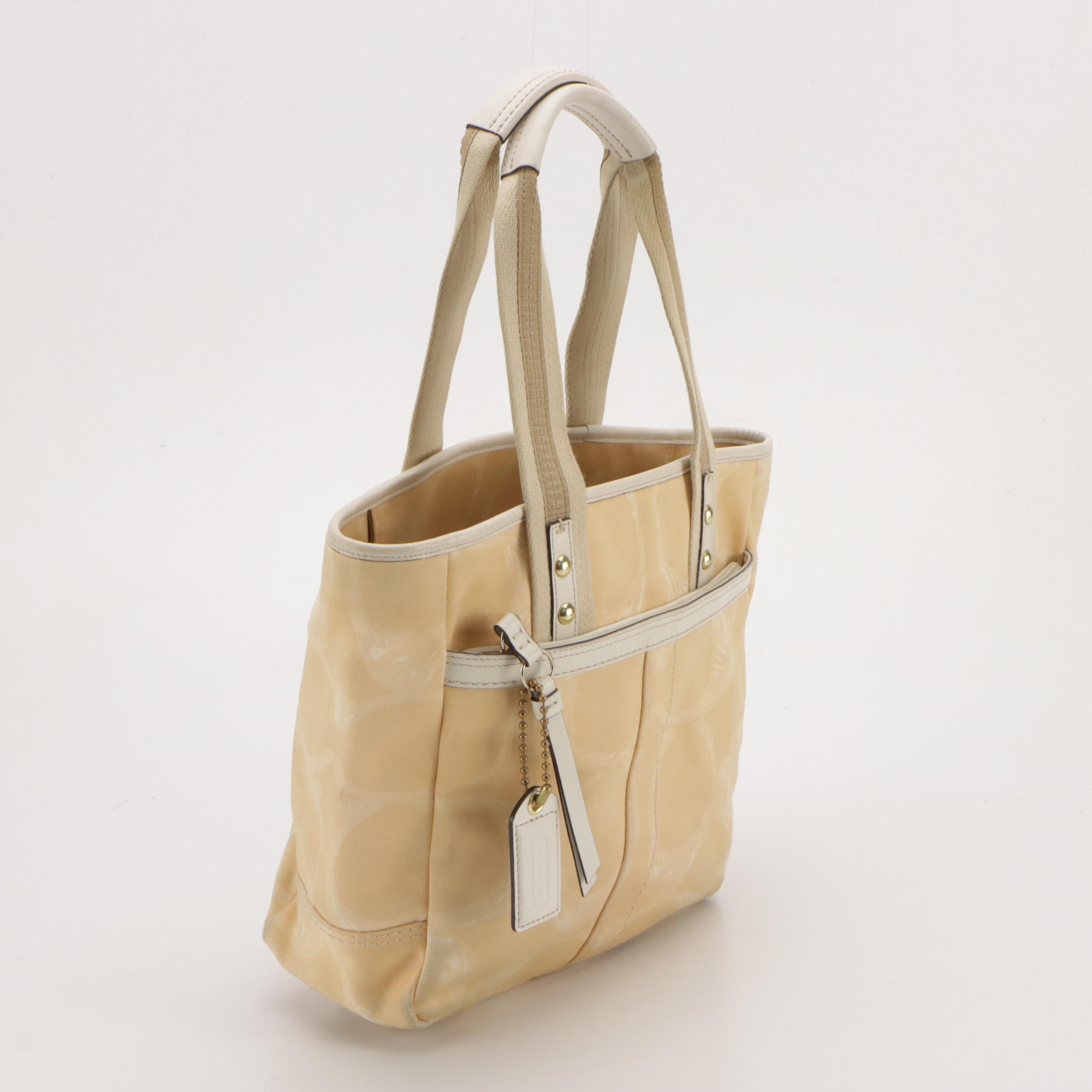Coach Woven Straw and Printed Satin Tote Bags with Ivory Leather Trim