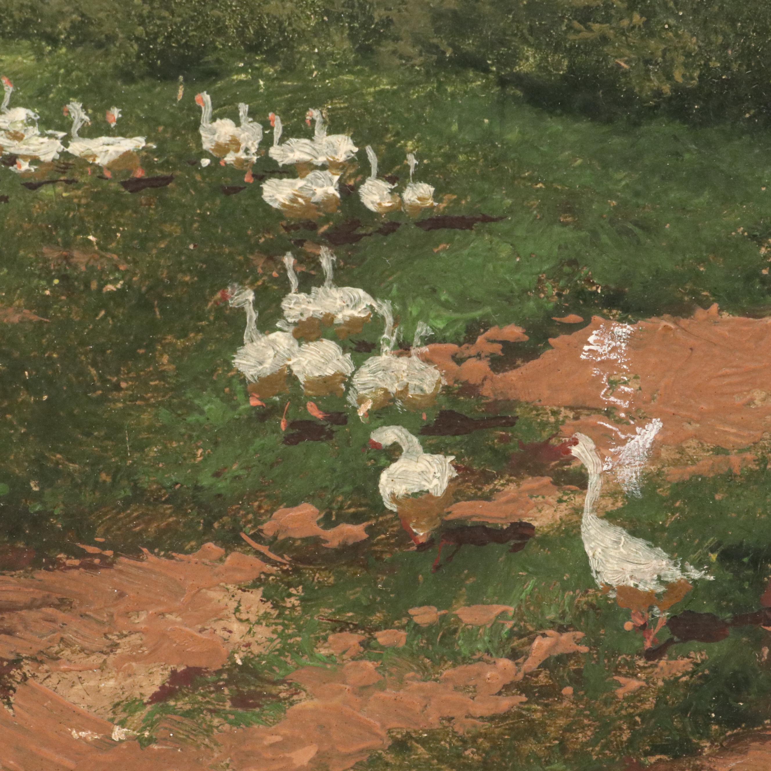 Landscape Oil Painting of Shepherdess and Gooseherd at Footbridge