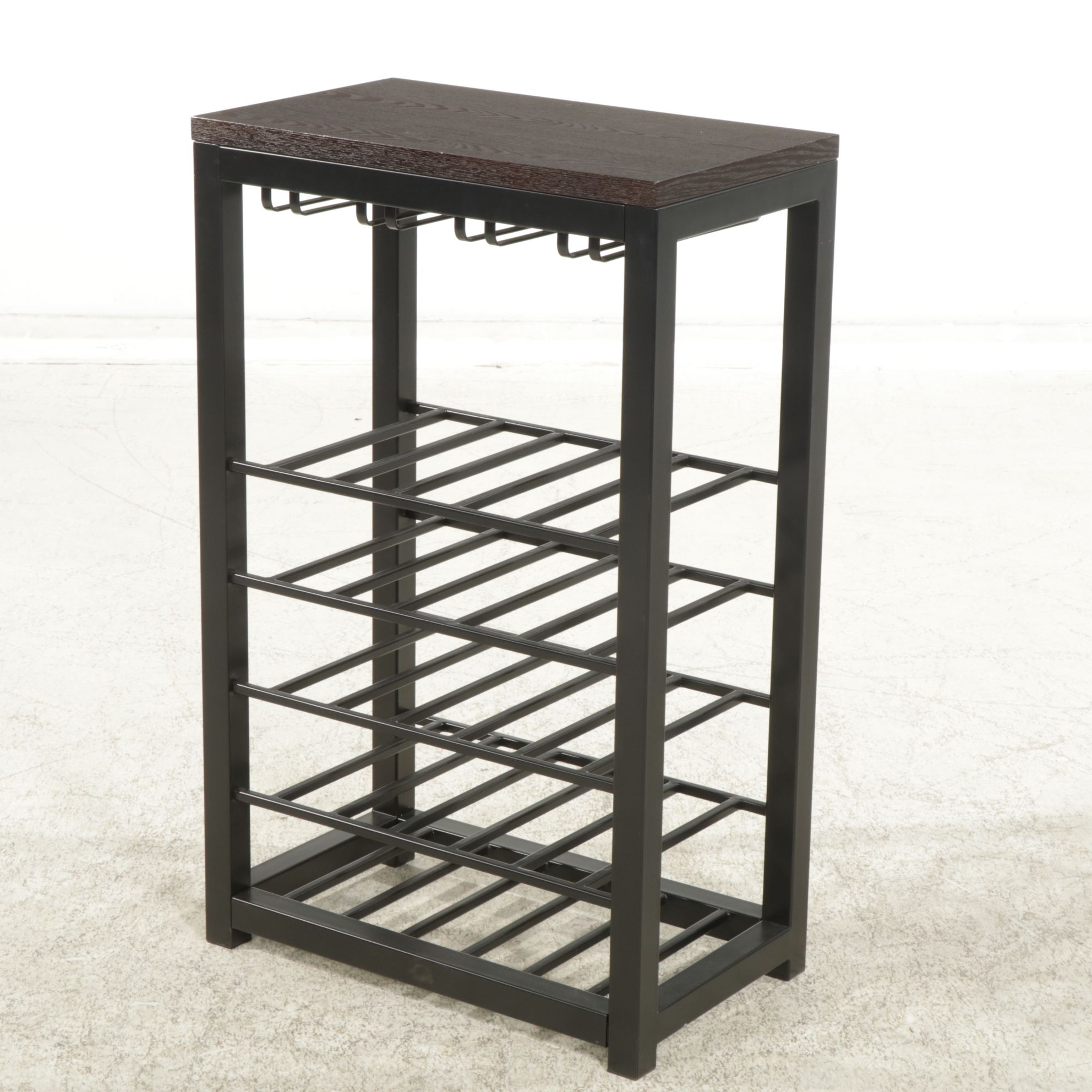 Contemporary Hardwood and Metal High-Top Table with Four Chairs and Wine Rack