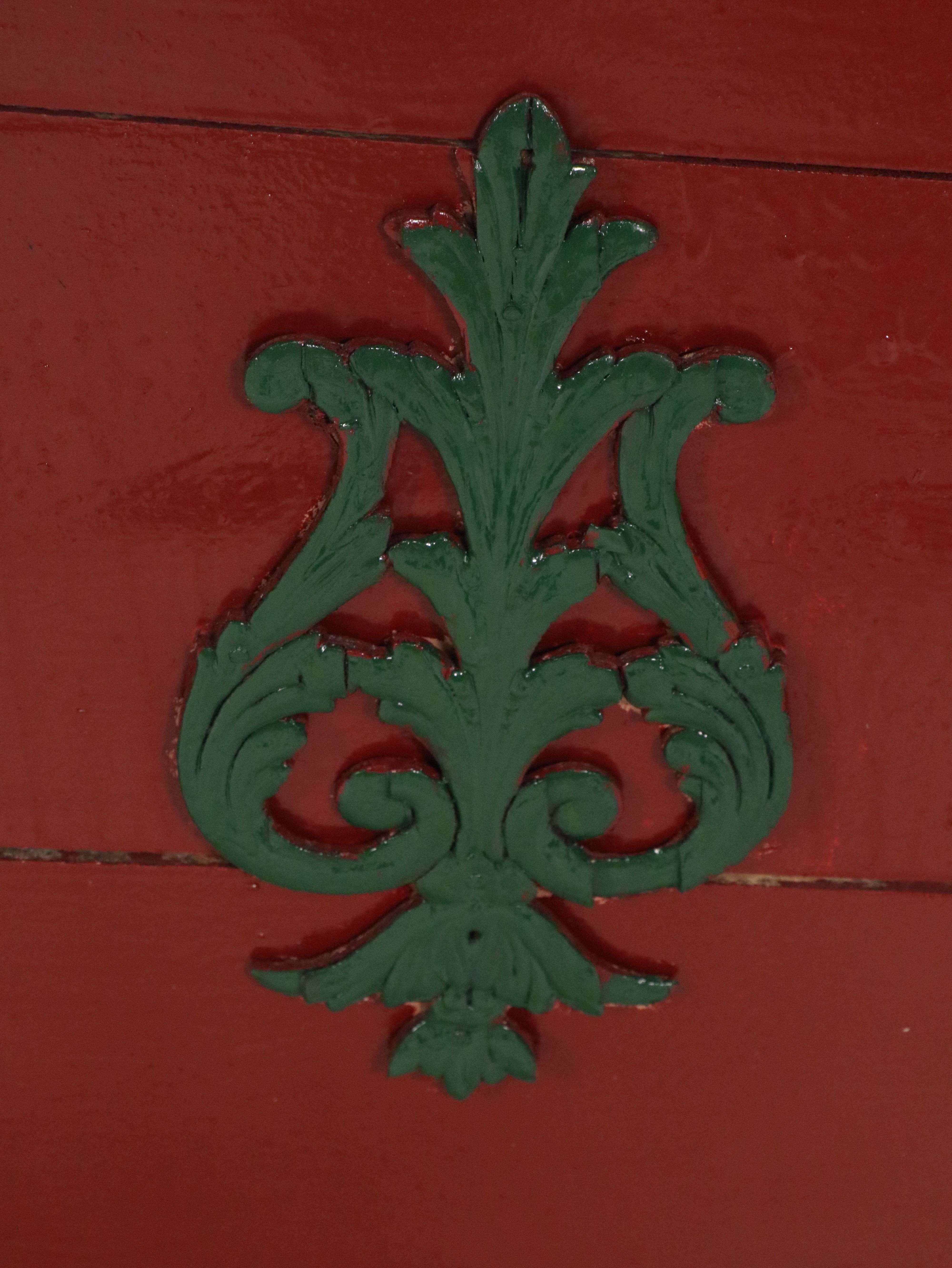 Red-Painted Wooden Horse Sleigh with Green Corduroy Upholstered Seat
