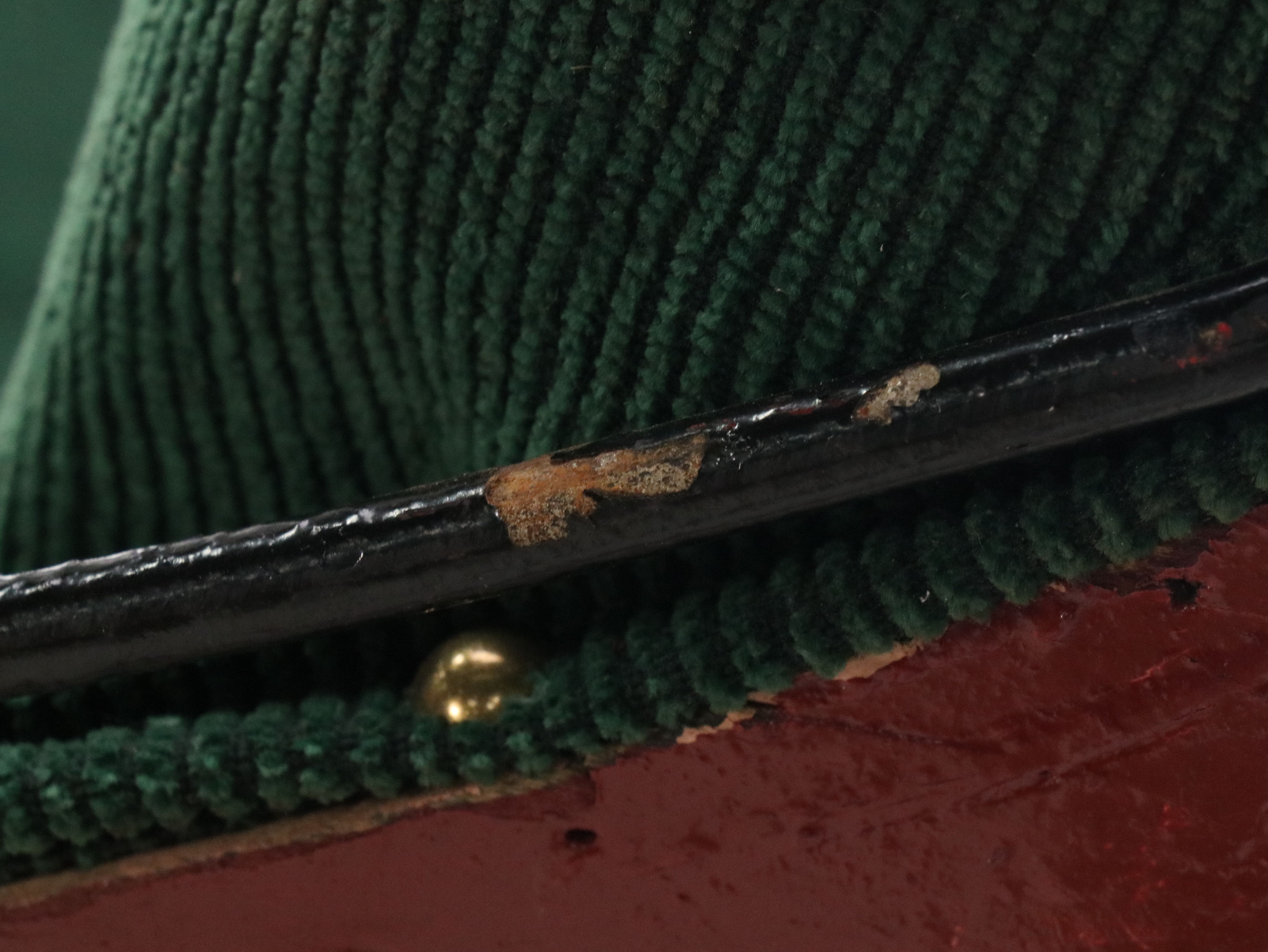 Red-Painted Wooden Horse Sleigh with Green Corduroy Upholstered Seat