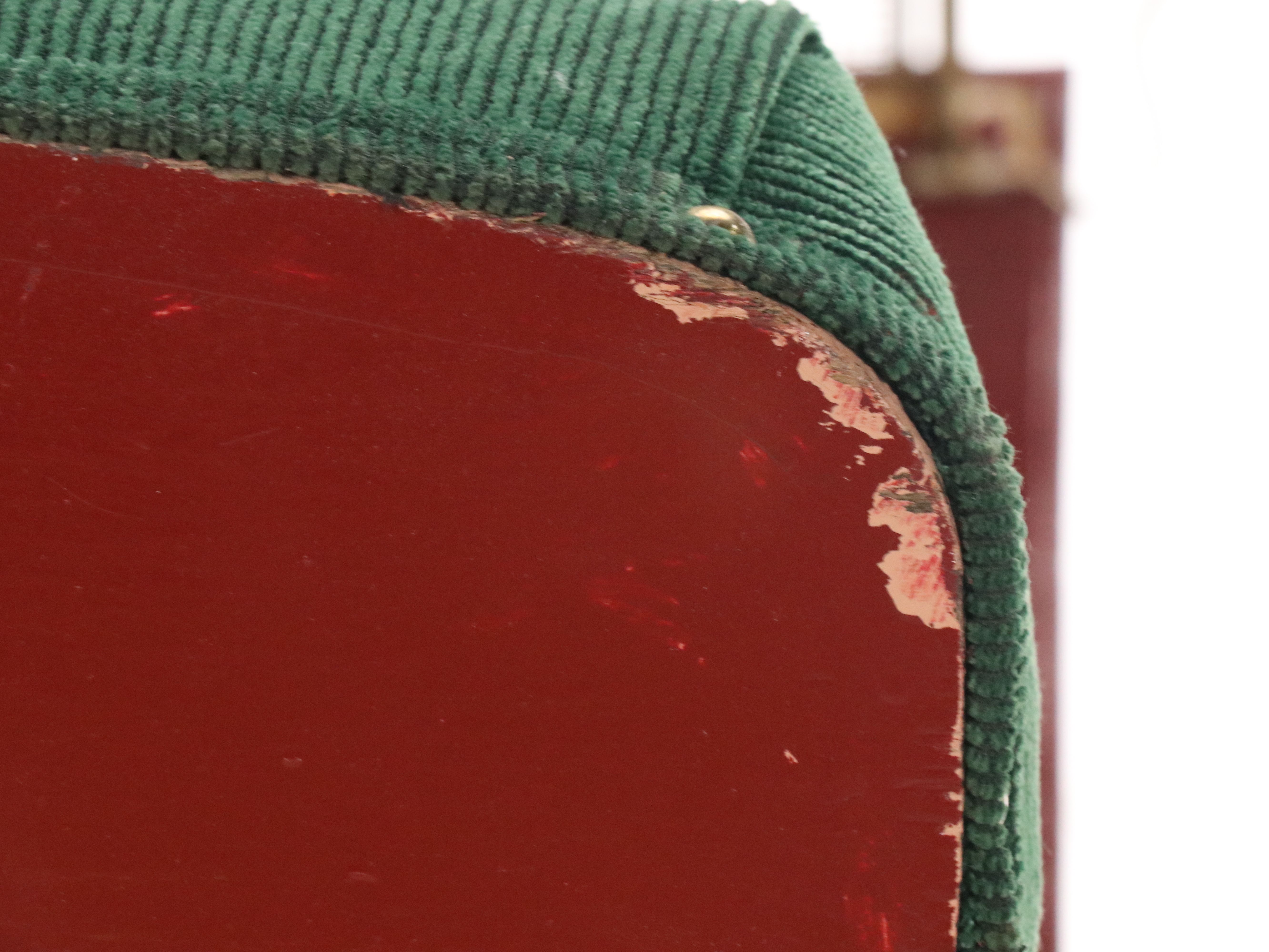 Red-Painted Wooden Horse Sleigh with Green Corduroy Upholstered Seat