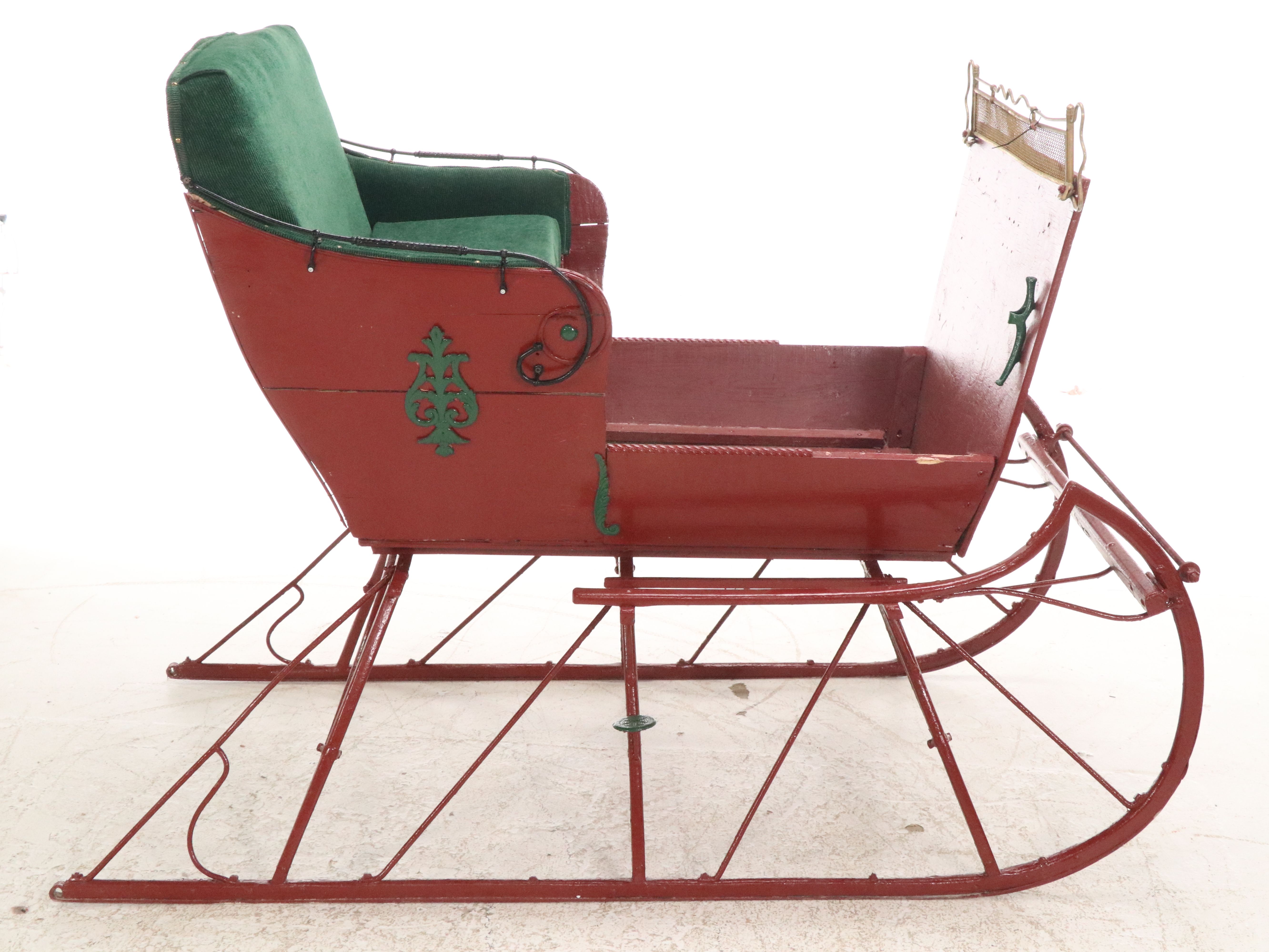Red-Painted Wooden Horse Sleigh with Green Corduroy Upholstered Seat