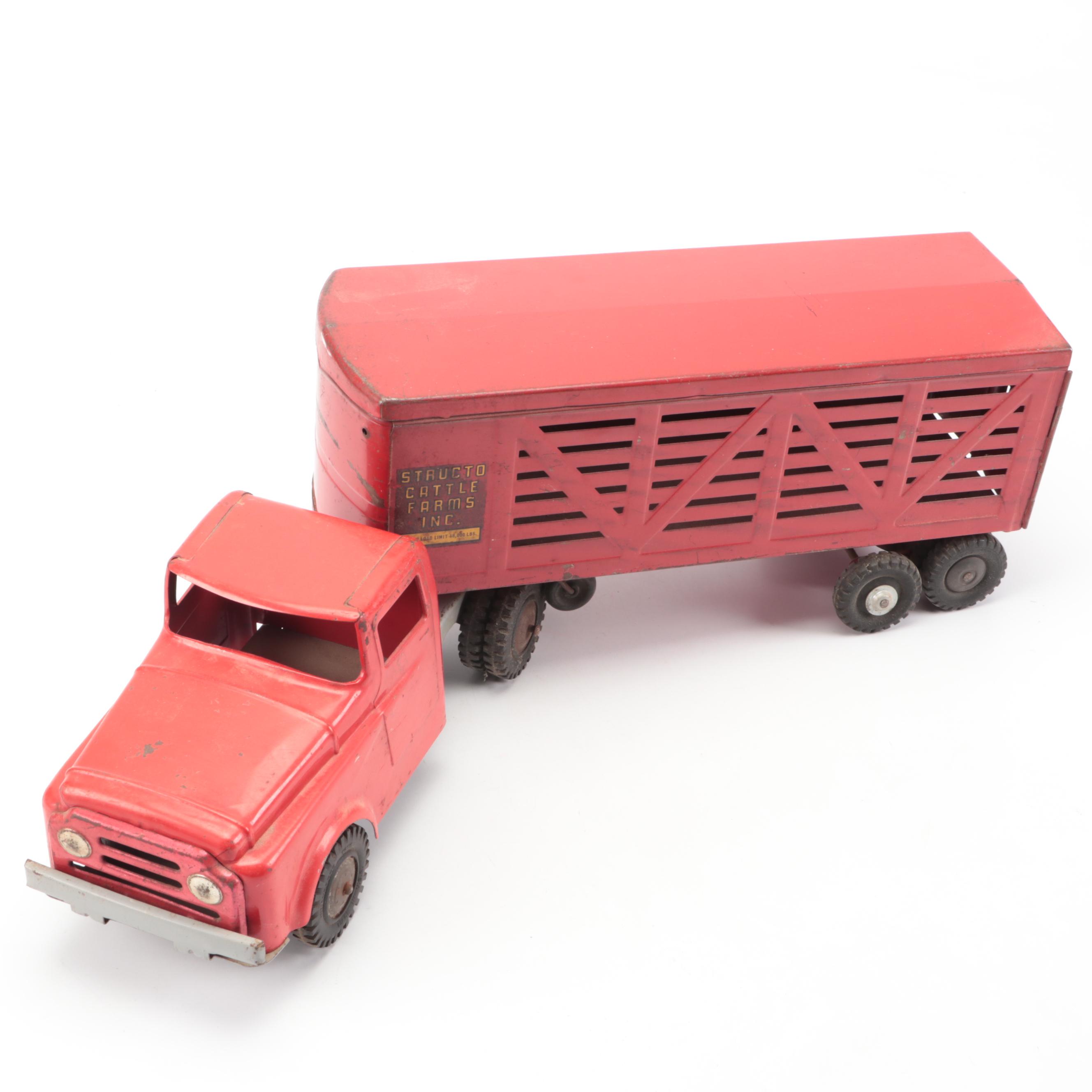 Tin Litho Red Truck with Structo Cattle Farms Inc. Livestock Trailer