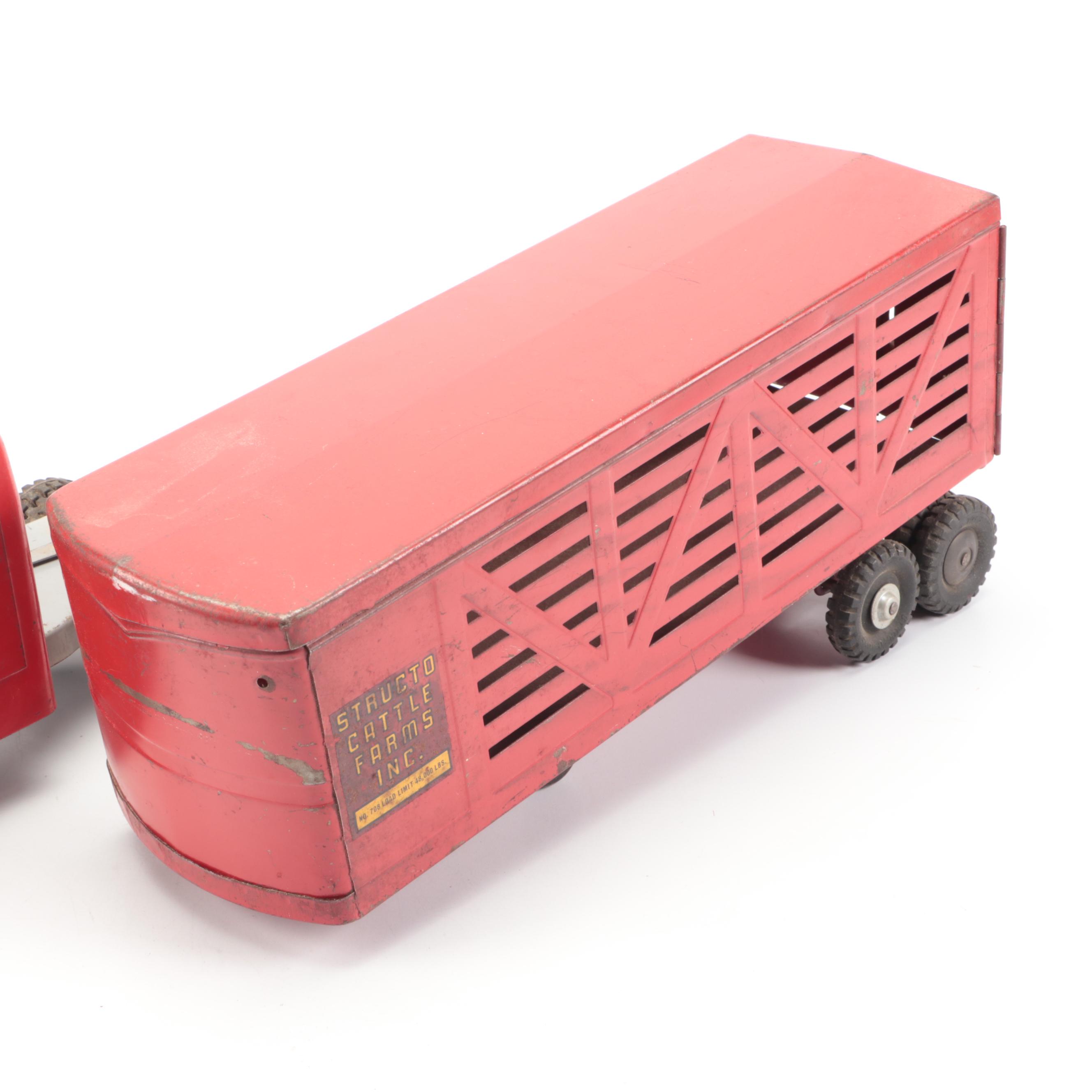 Tin Litho Red Truck with Structo Cattle Farms Inc. Livestock Trailer