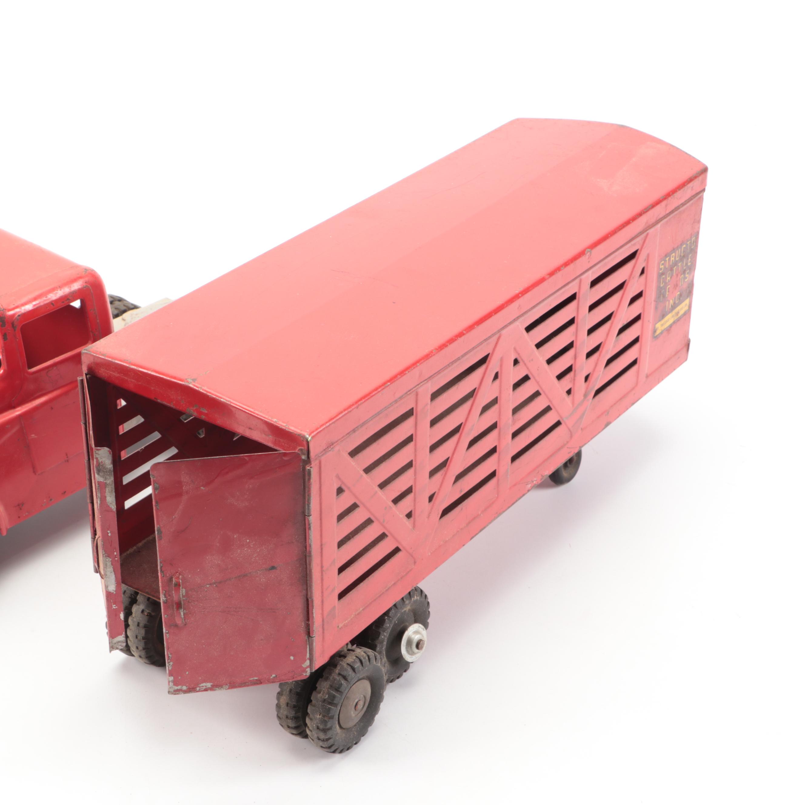 Tin Litho Red Truck with Structo Cattle Farms Inc. Livestock Trailer