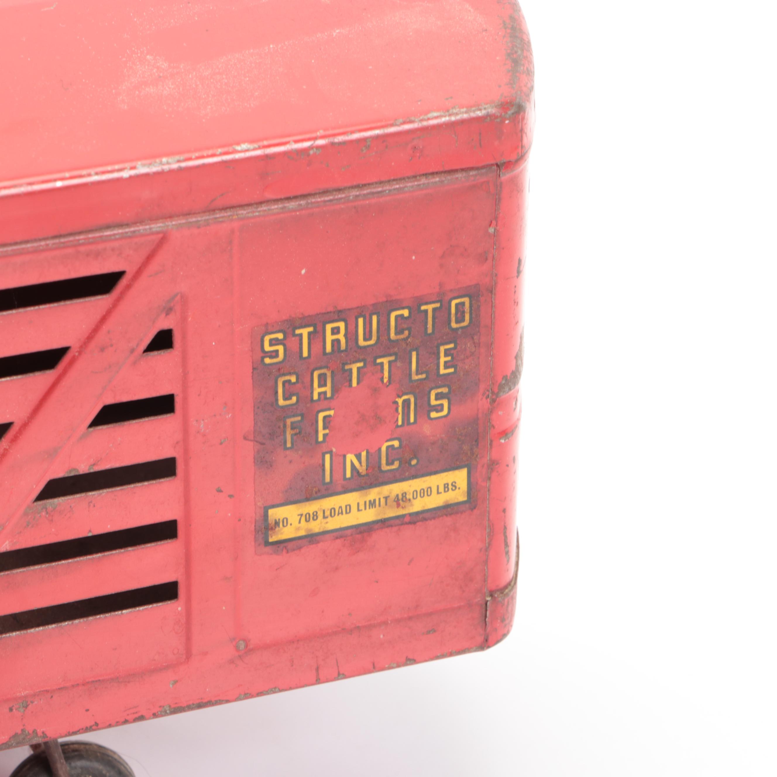 Tin Litho Red Truck with Structo Cattle Farms Inc. Livestock Trailer