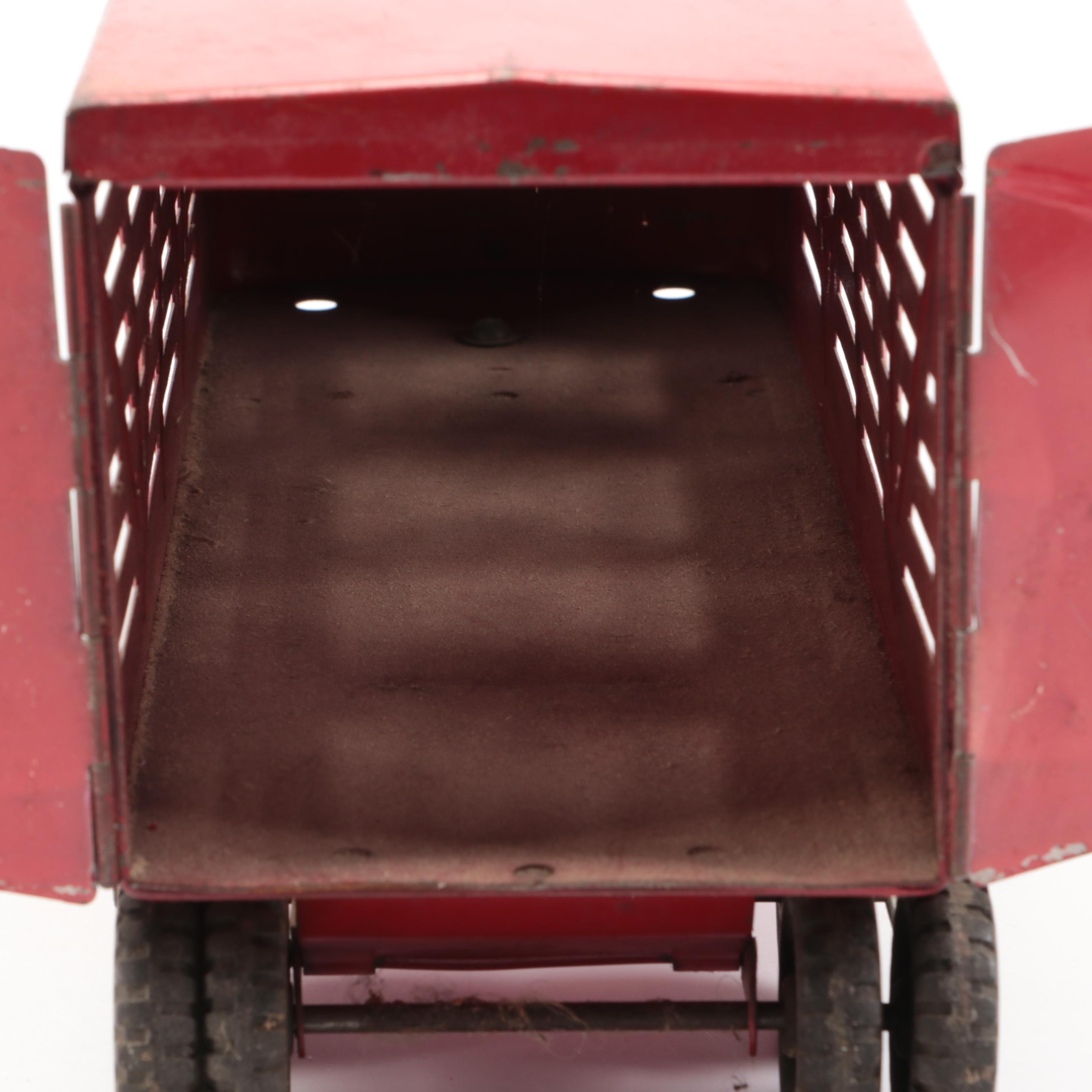 Tin Litho Red Truck with Structo Cattle Farms Inc. Livestock Trailer