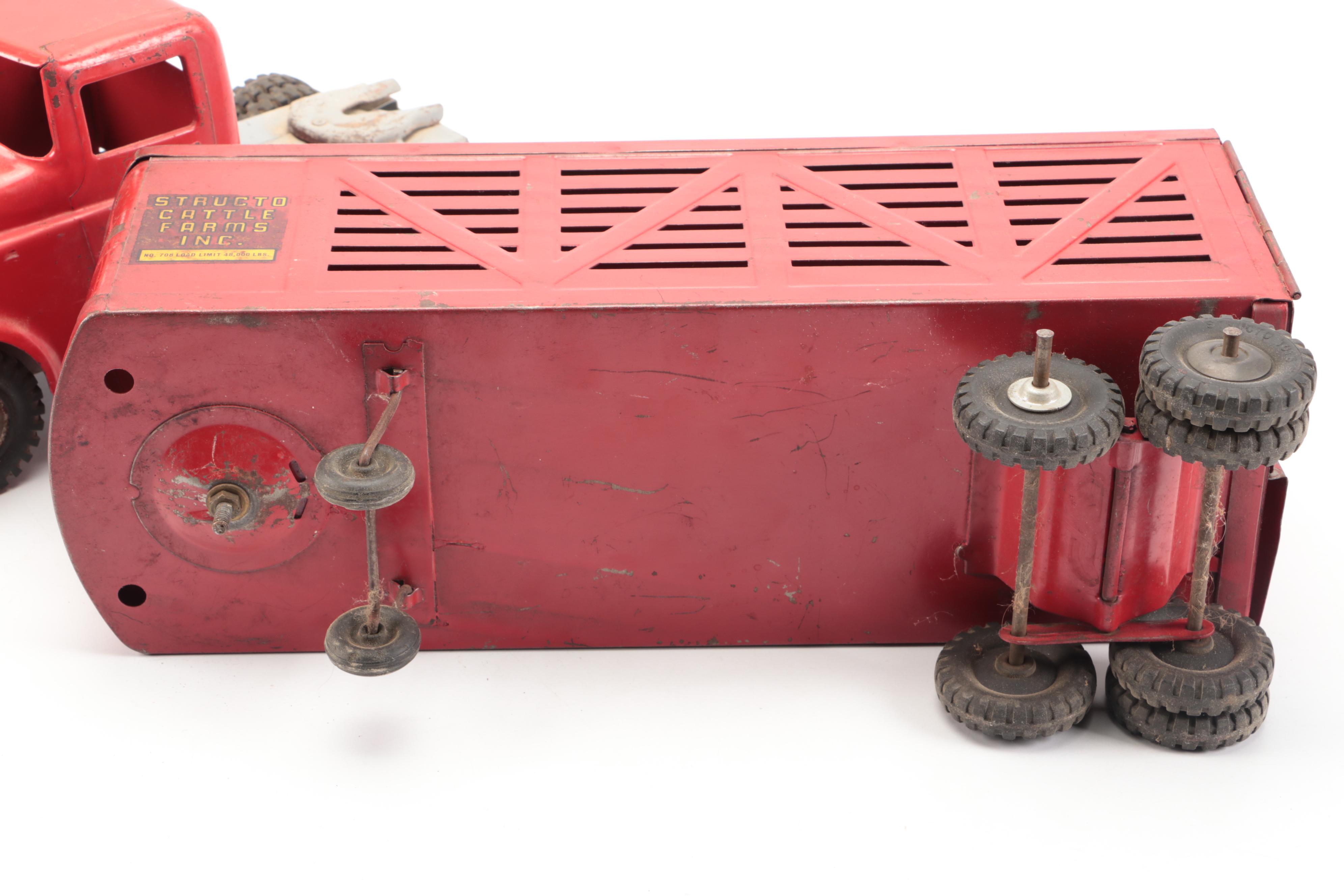 Tin Litho Red Truck with Structo Cattle Farms Inc. Livestock Trailer
