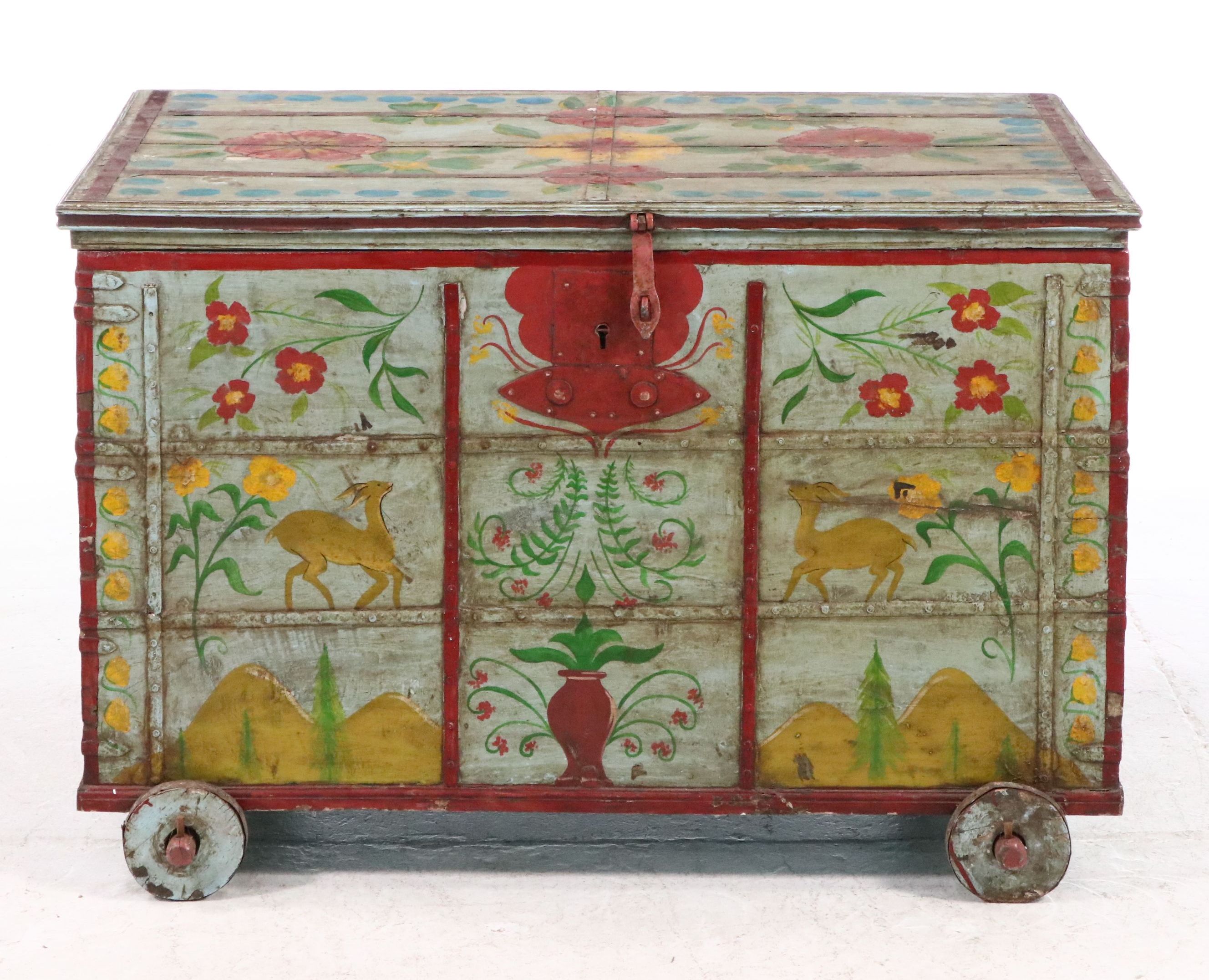Scandinavian Folk Art Style Paint-Decorated Wood Chest on Casters