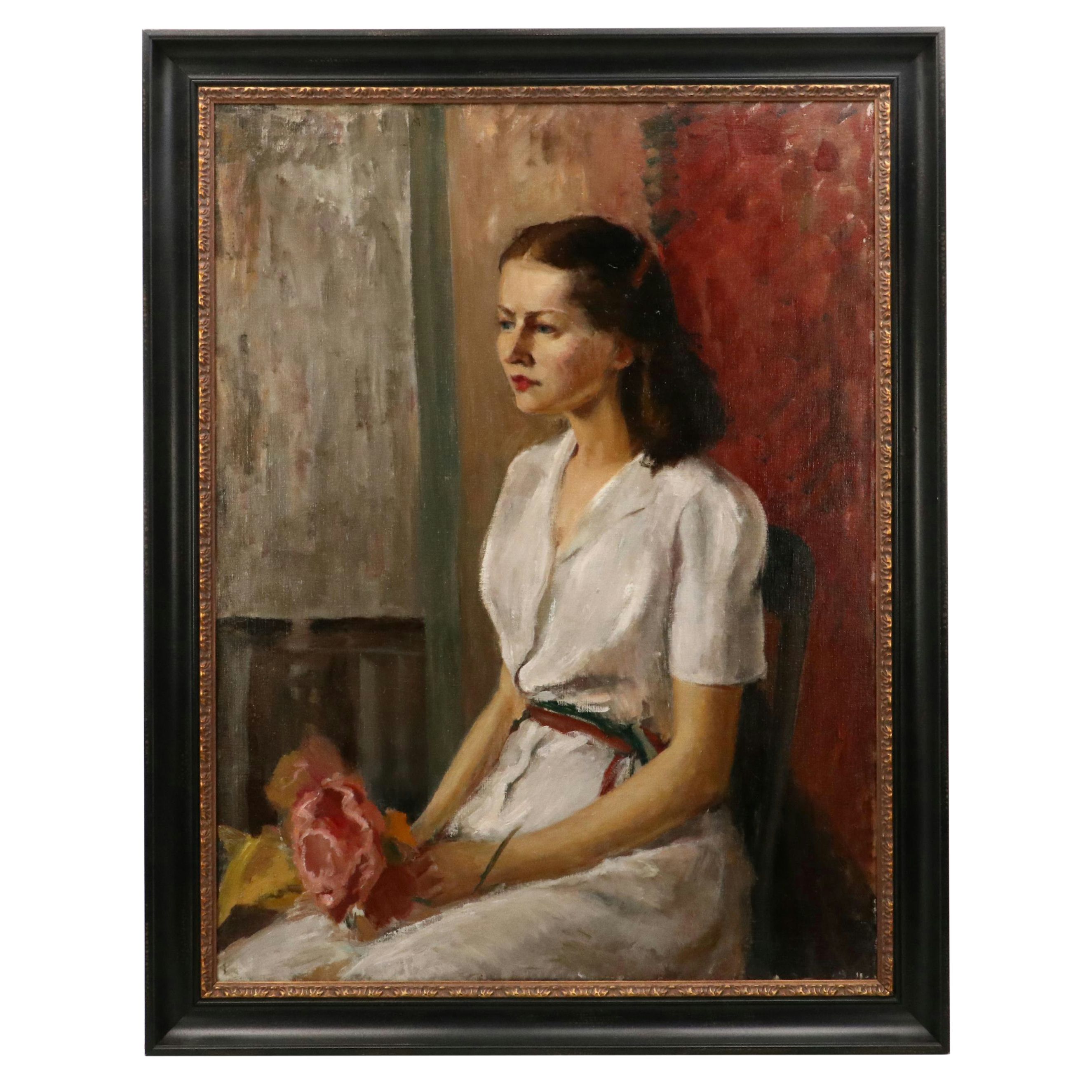 Oil Painting Portrait of Young Woman Holding Bouquet