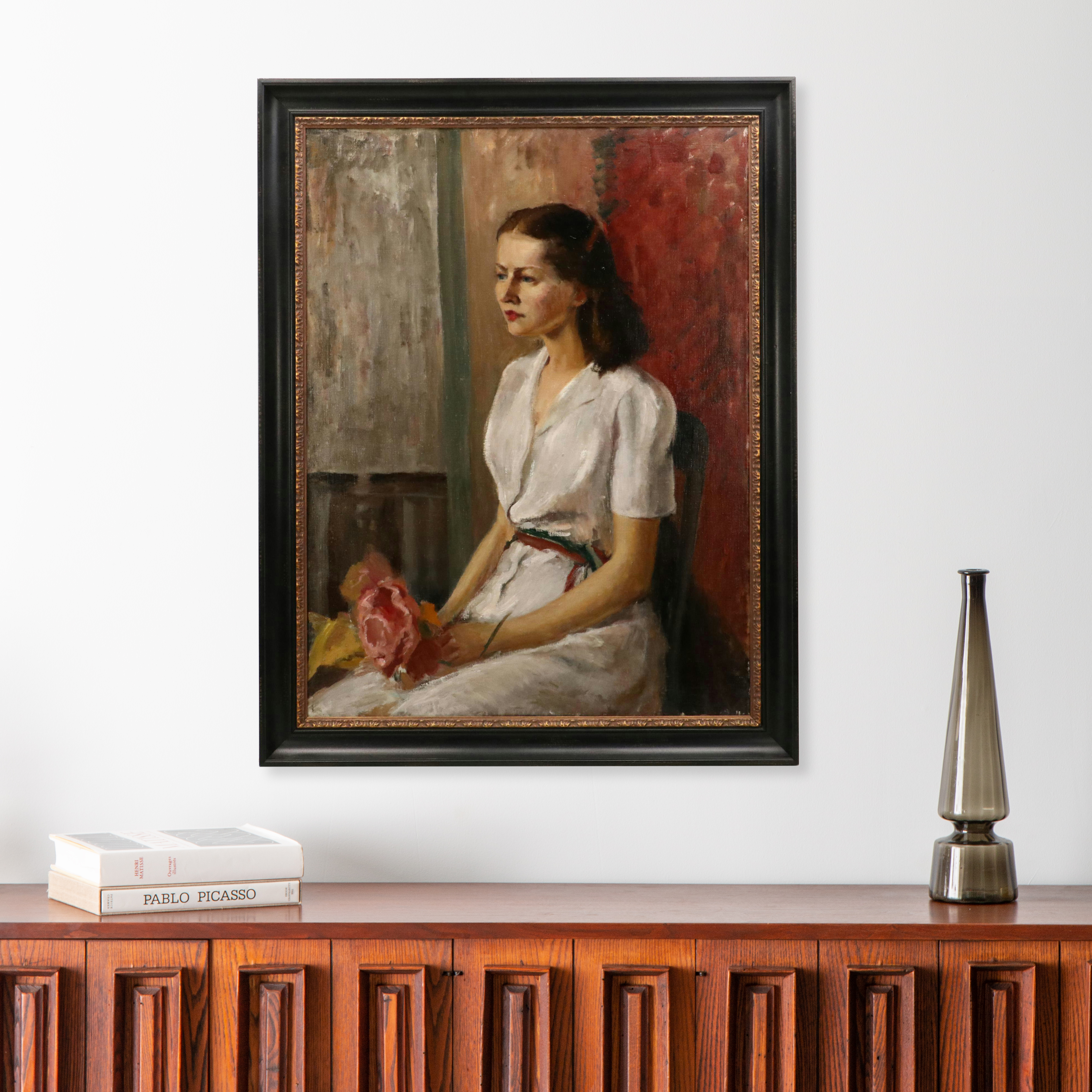 Oil Painting Portrait of Young Woman Holding Bouquet