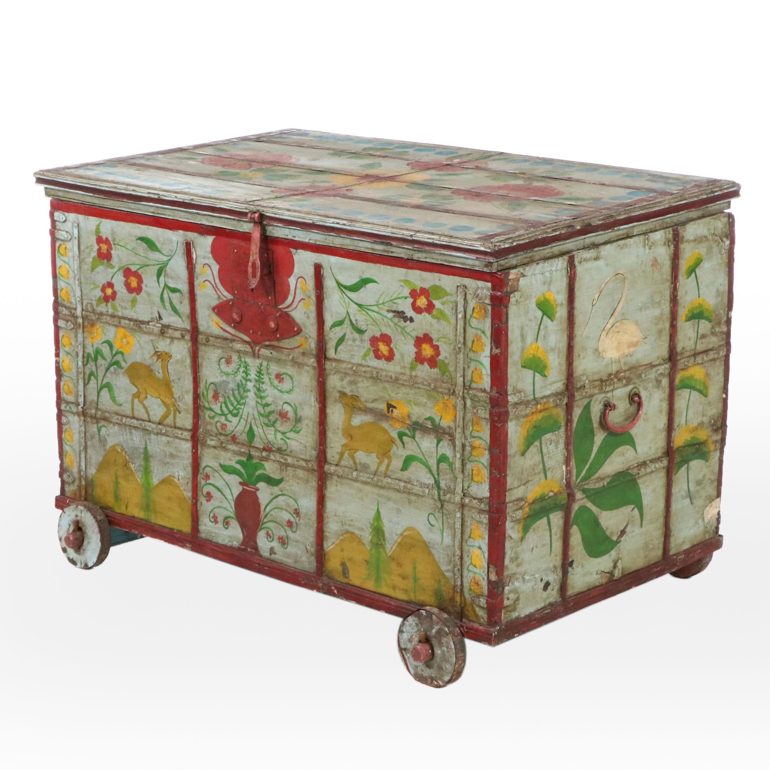 Scandinavian Folk Art Style Paint-Decorated Wood Chest on Casters