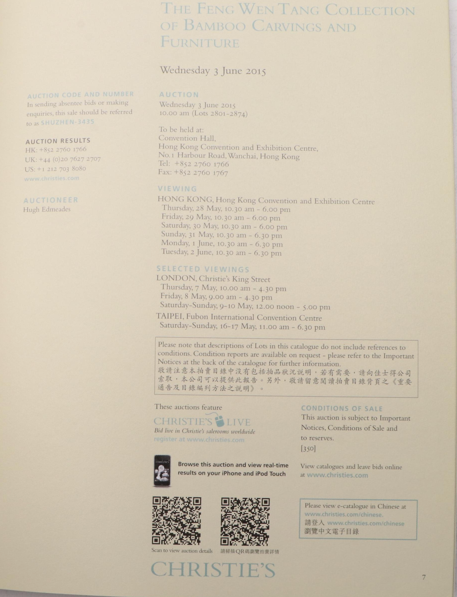 Christie's Hong Kong Chinese Art, Ceramics and Furniture Sale Catalogs, 2014–15