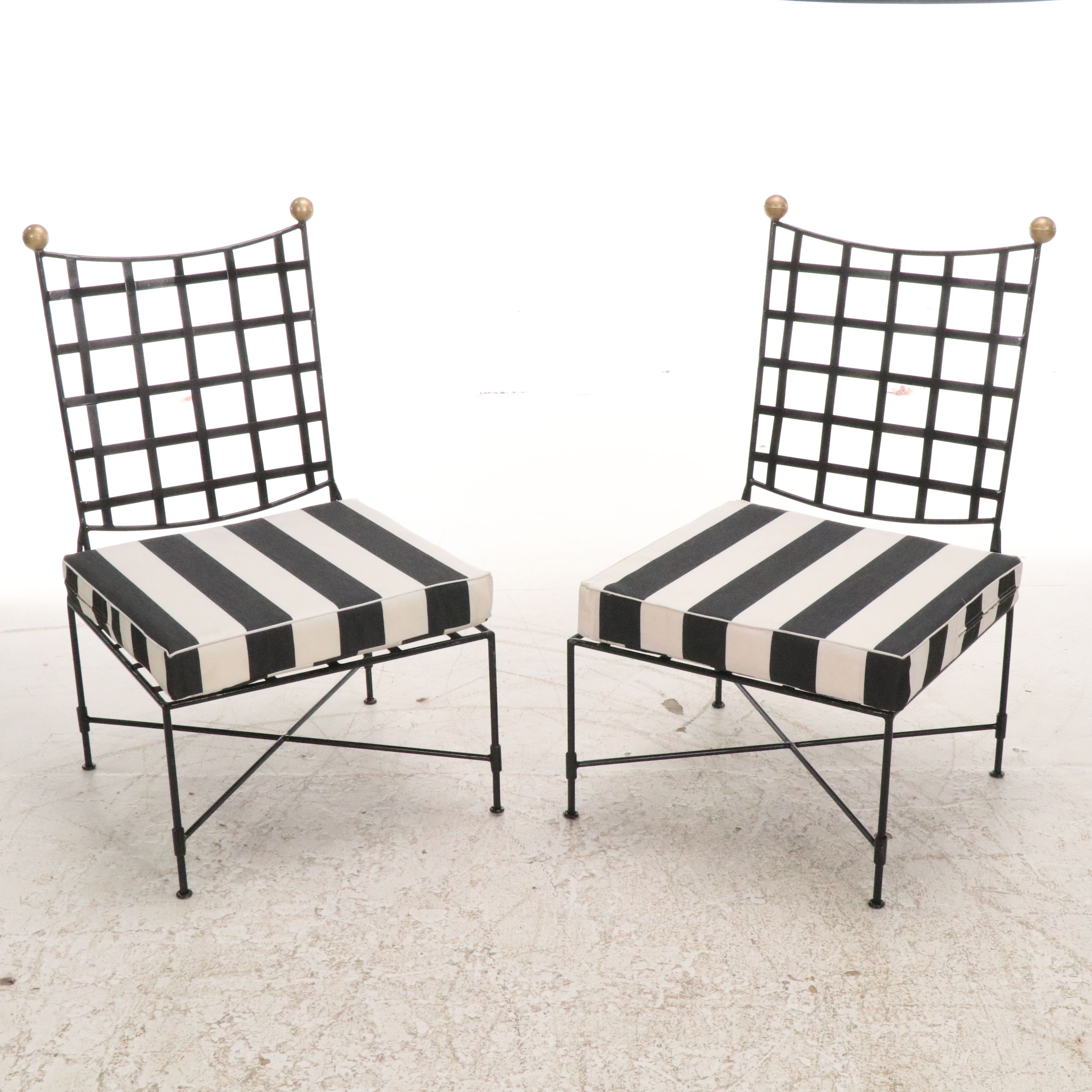Pair of Italian Regency Style Metal Side Chairs with Striped Cushions