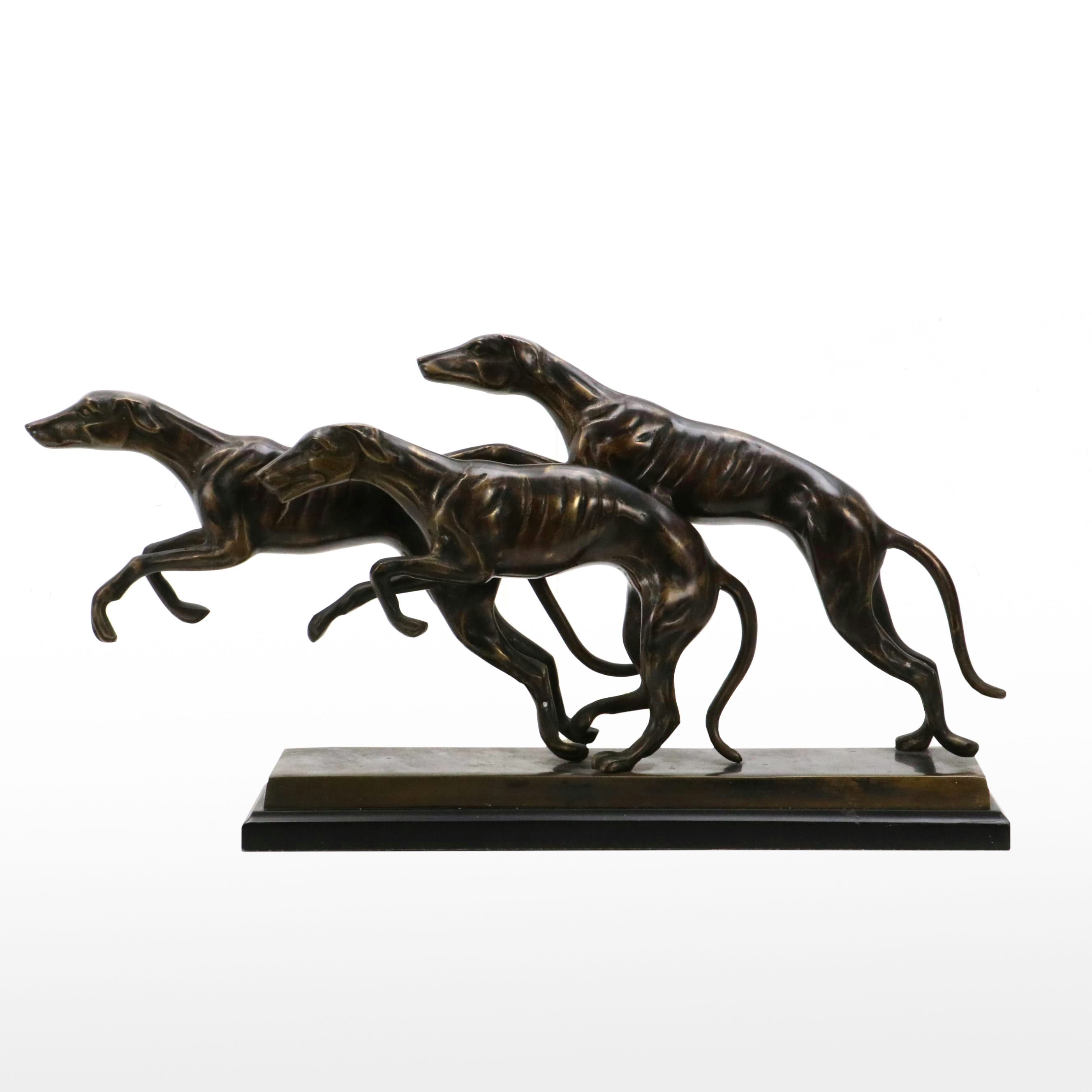 Patinated Cast Spelter Statue of Three Running Greyhounds