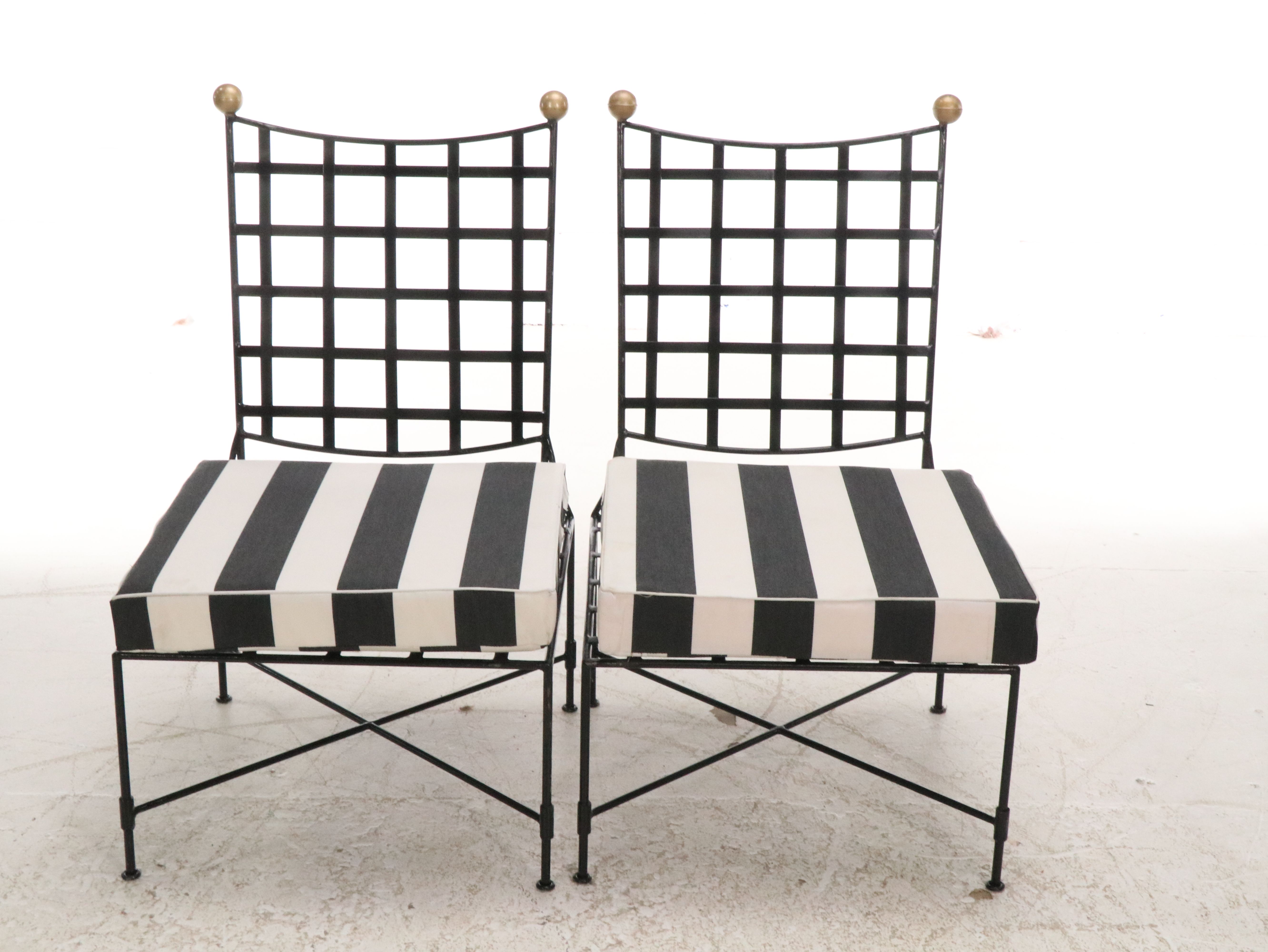 Pair of Italian Regency Style Metal Side Chairs with Striped Cushions
