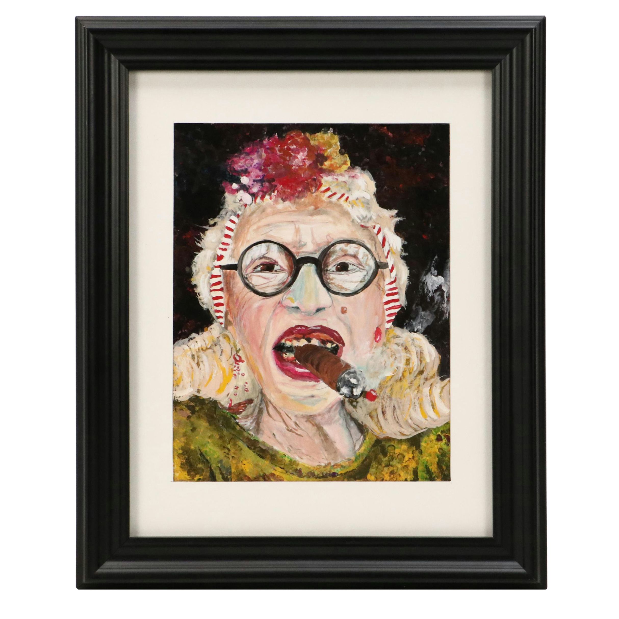 Olivia Latinovich Portrait Gouache Painting of Woman with Cigar, 21st Century