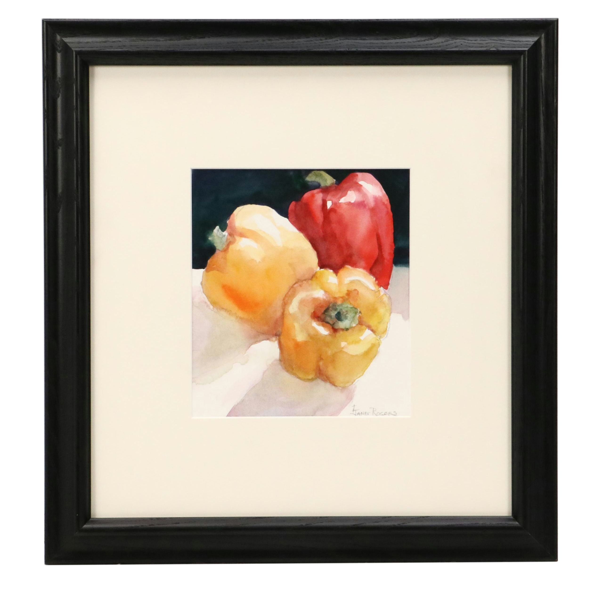 Janet Rogers Still Life Watercolor Painting of Bell Peppers, 21st Century