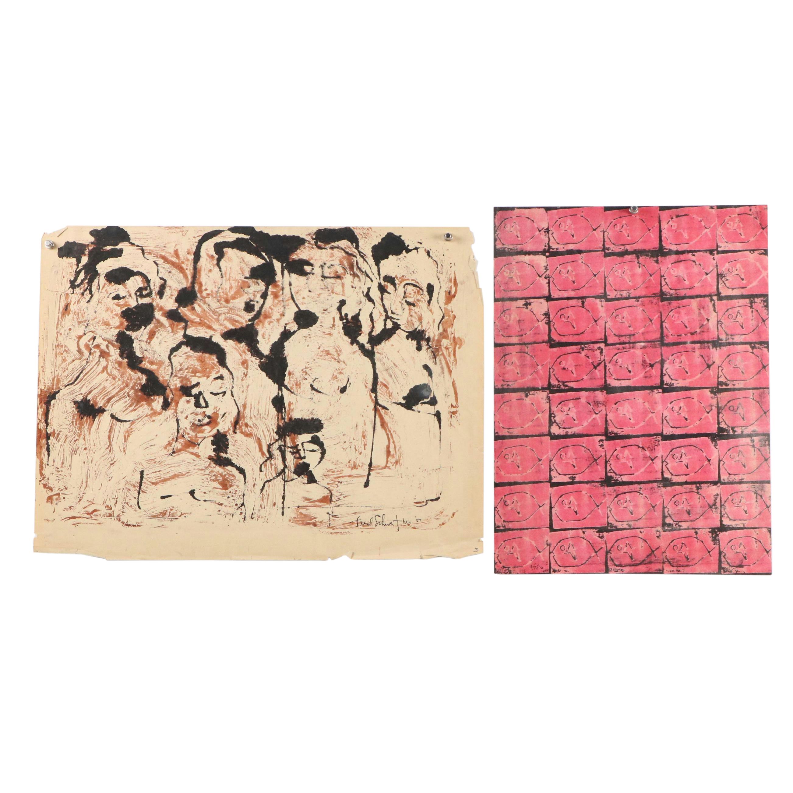 Fred R. Schwartz Figural Experimental Relief Print and Lithograph of Fish
