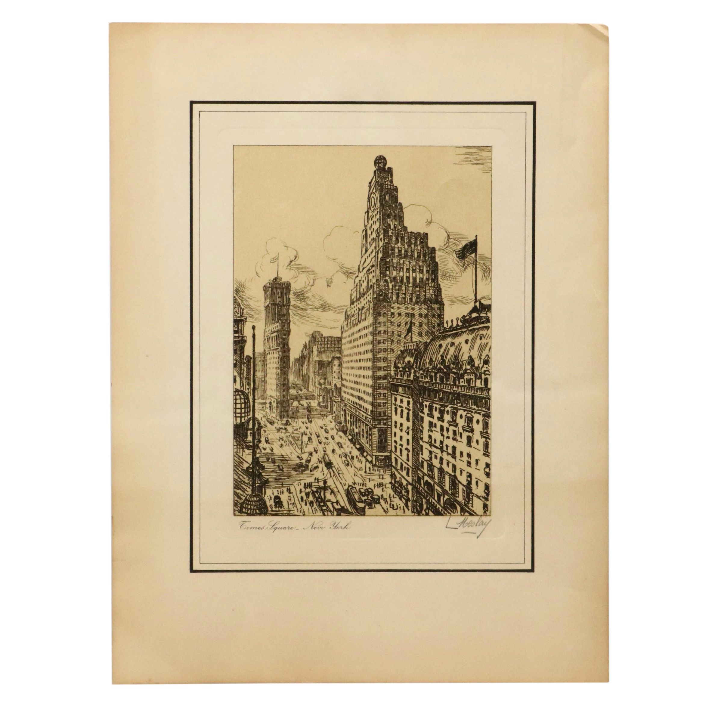 L. Meslay Etching "Times Square - New York"