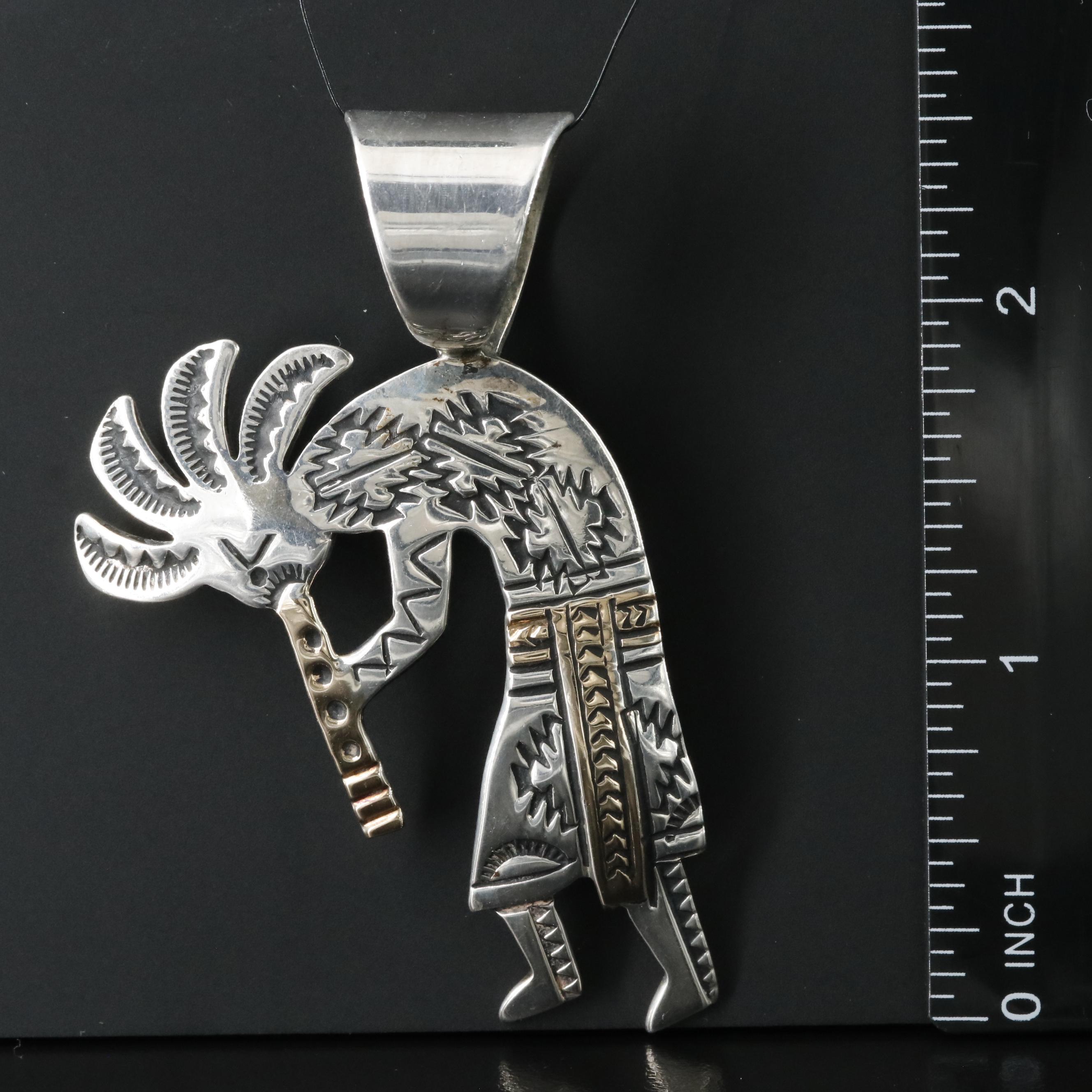 Southwestern Signed Sterling Stamped Kokopelli Pendant with 14K Accent